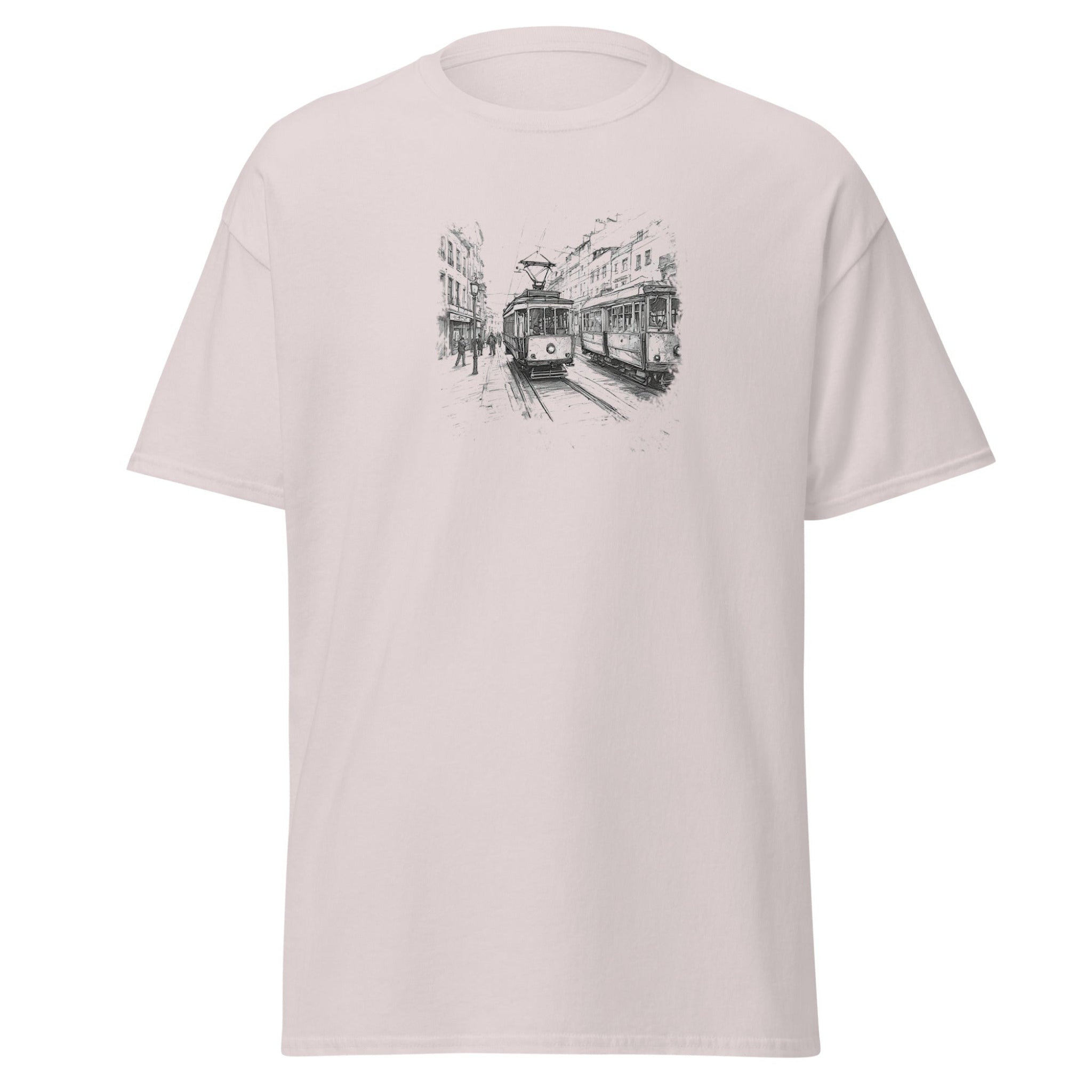 Beige t-shirt with tram graphic on a white background