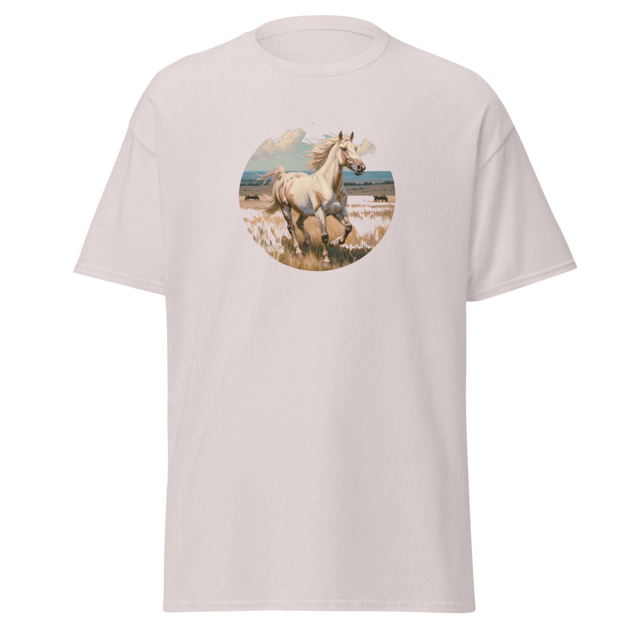 Beige t-shirt with a circular graphic of a horse on a white background