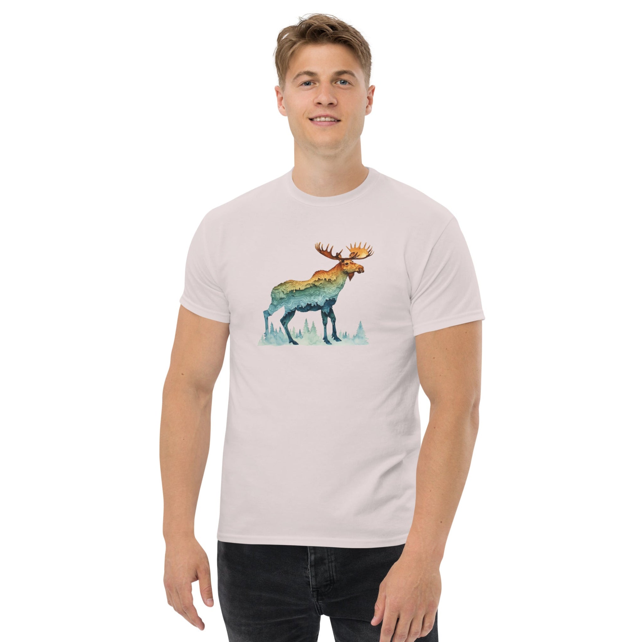 Person wearing a light gray t-shirt with a moose graphic on a white background.