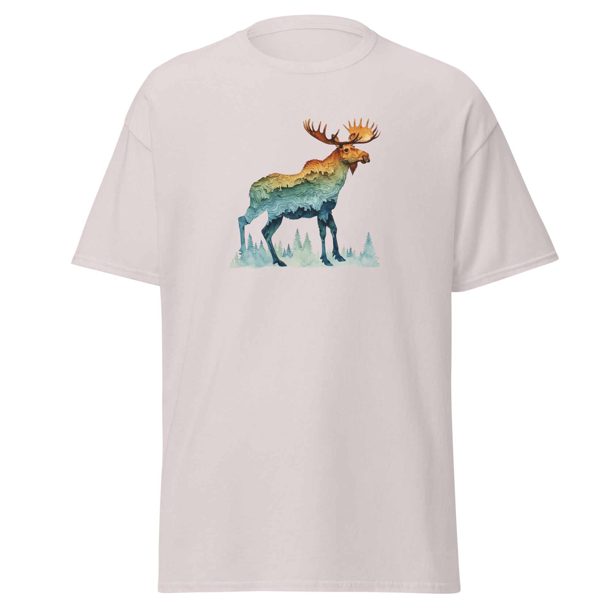 White t-shirt with a colorful moose graphic on a white background.