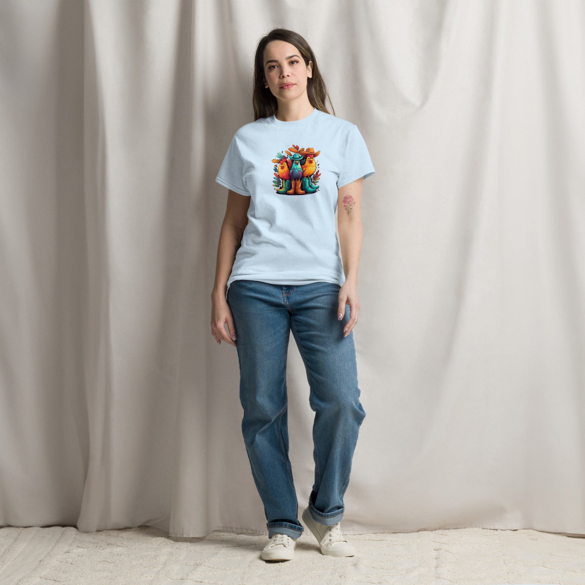 Colorful Cowboy Chickens Graphic T-Shirt