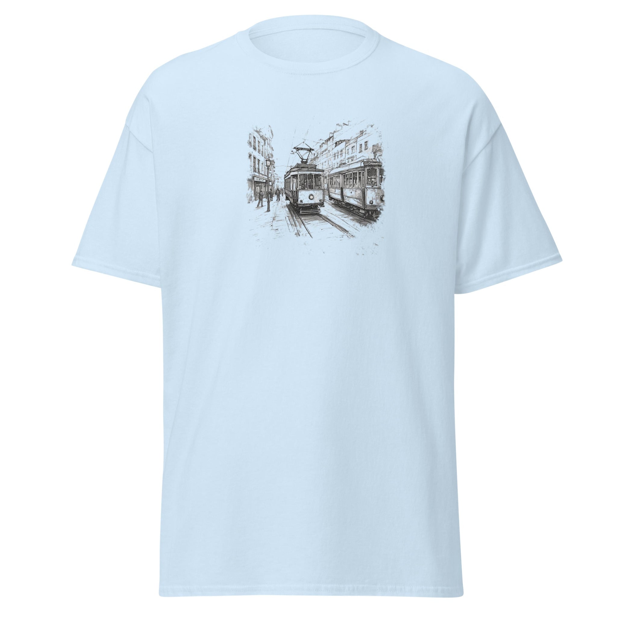 Light blue t-shirt with tram graphic on a white background