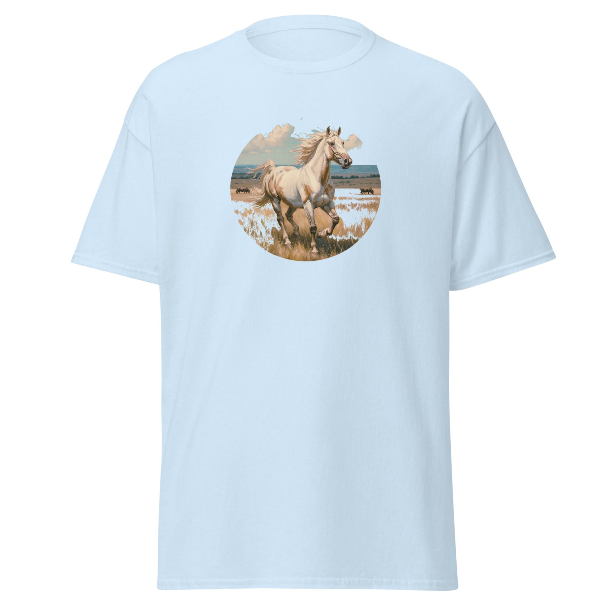 Close-up of a graphic t-shirt featuring a majestic American Paint Horse galloping across a sun-drenched open prairie in a circular nature landscape design.