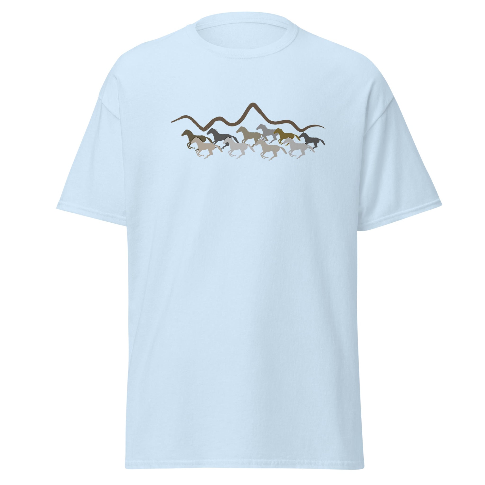 Light Blue unisex t-shirt with a running wild horses and mountain silhouette graphic design in earth tones, laid flat on a white background
