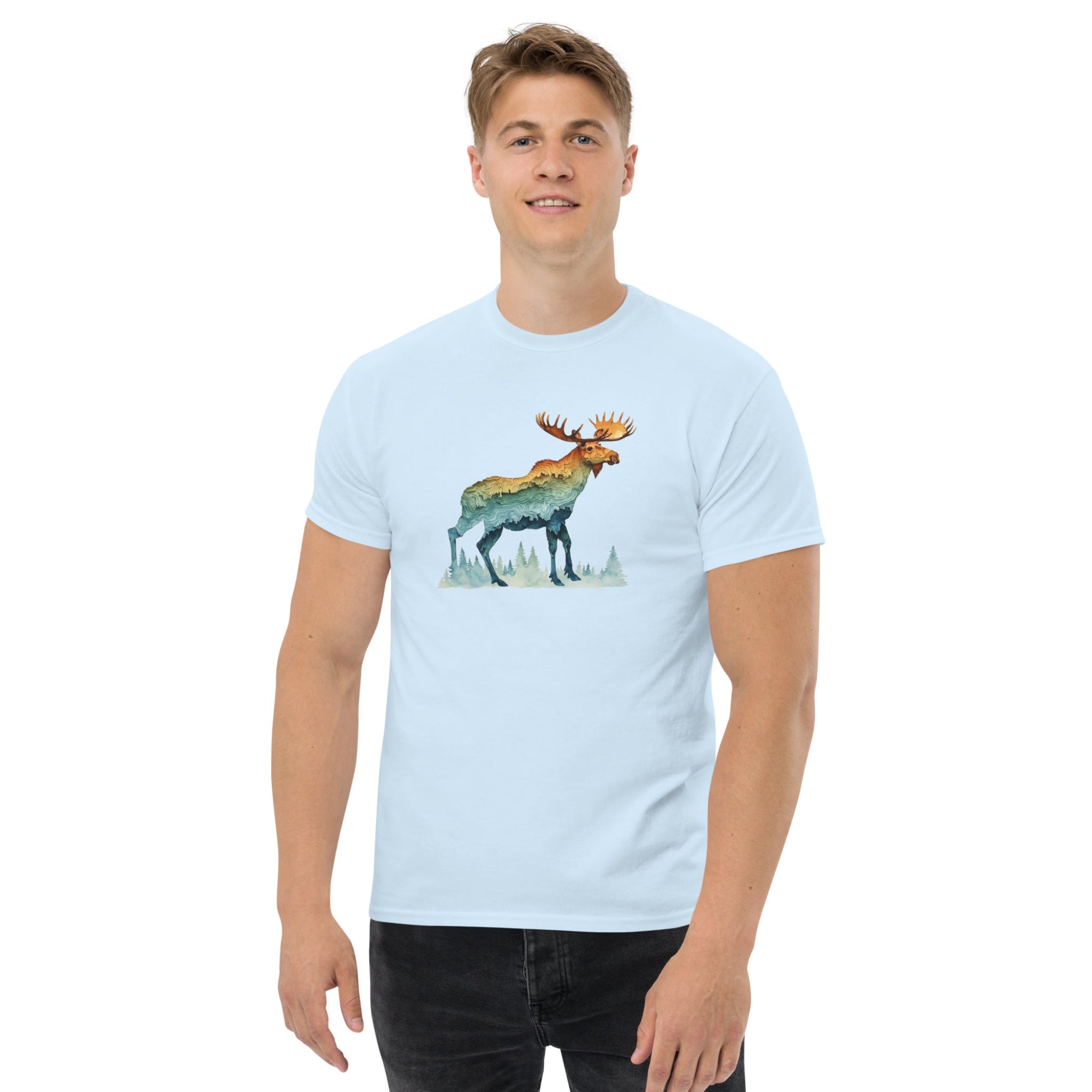 Man wearing t-shirt with a colorful moose graphic on a white background.