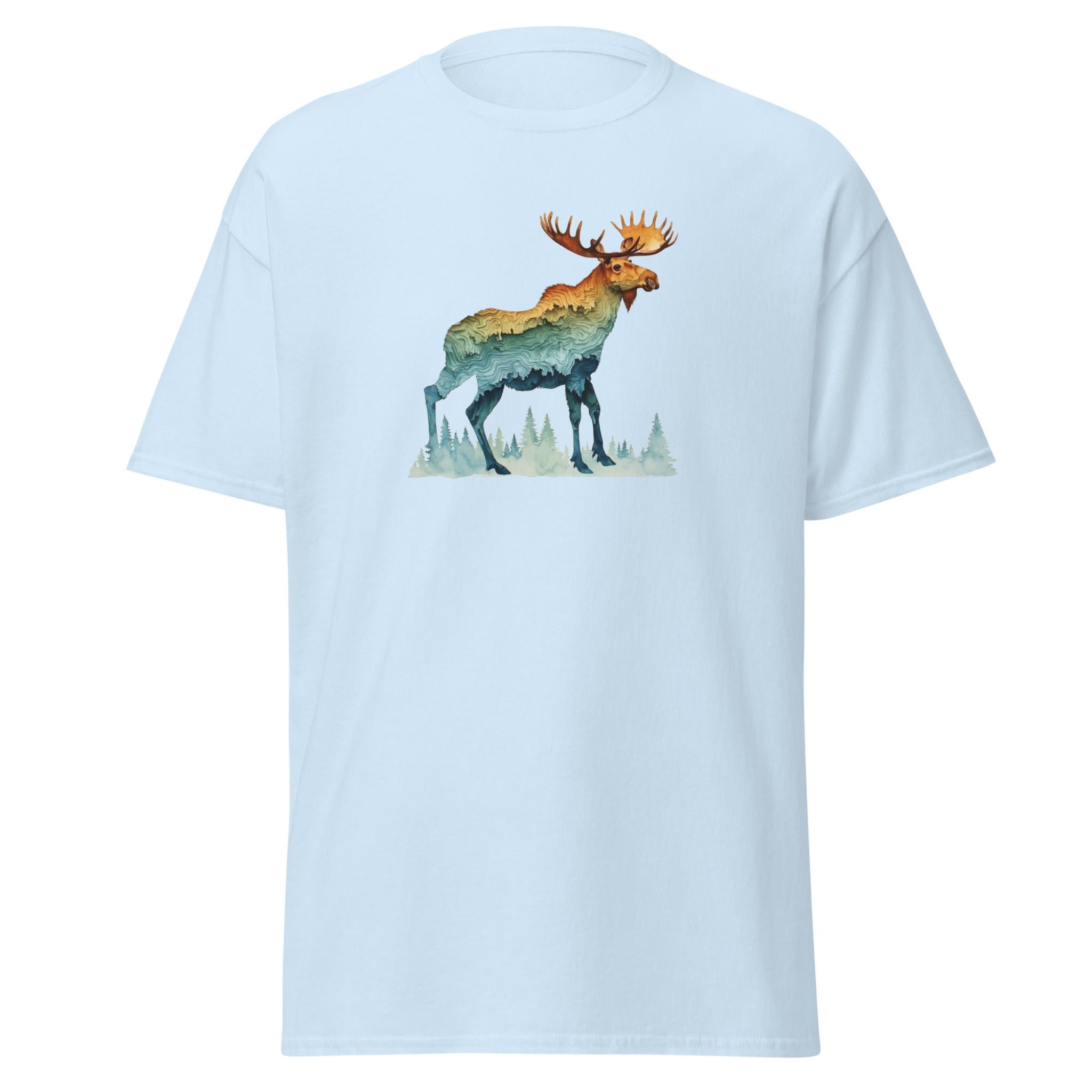 Light blue t-shirt with a colorful moose graphic on a white background.