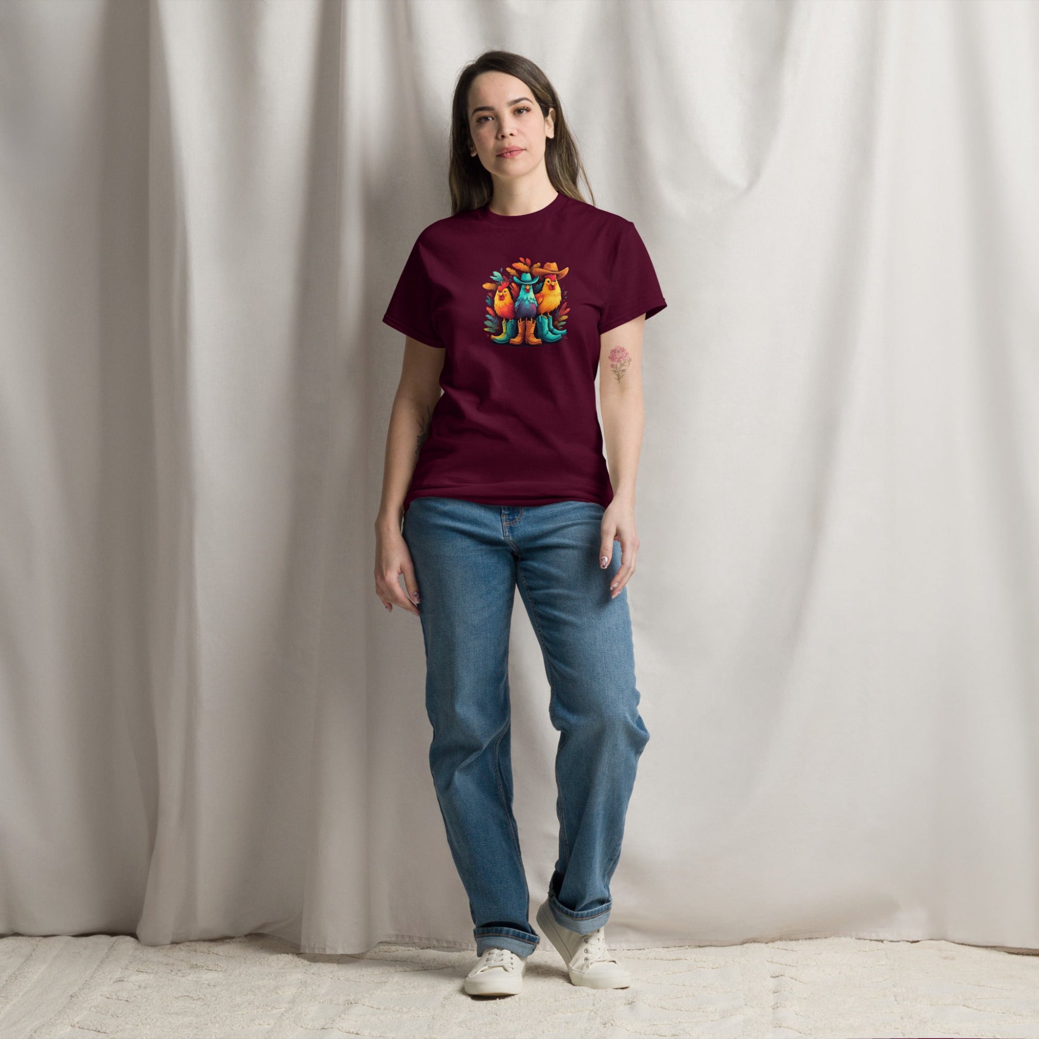 Colorful Cowboy Chickens Graphic T-Shirt