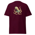 Maroon t-shirt with a colorful octopus design on a white background
