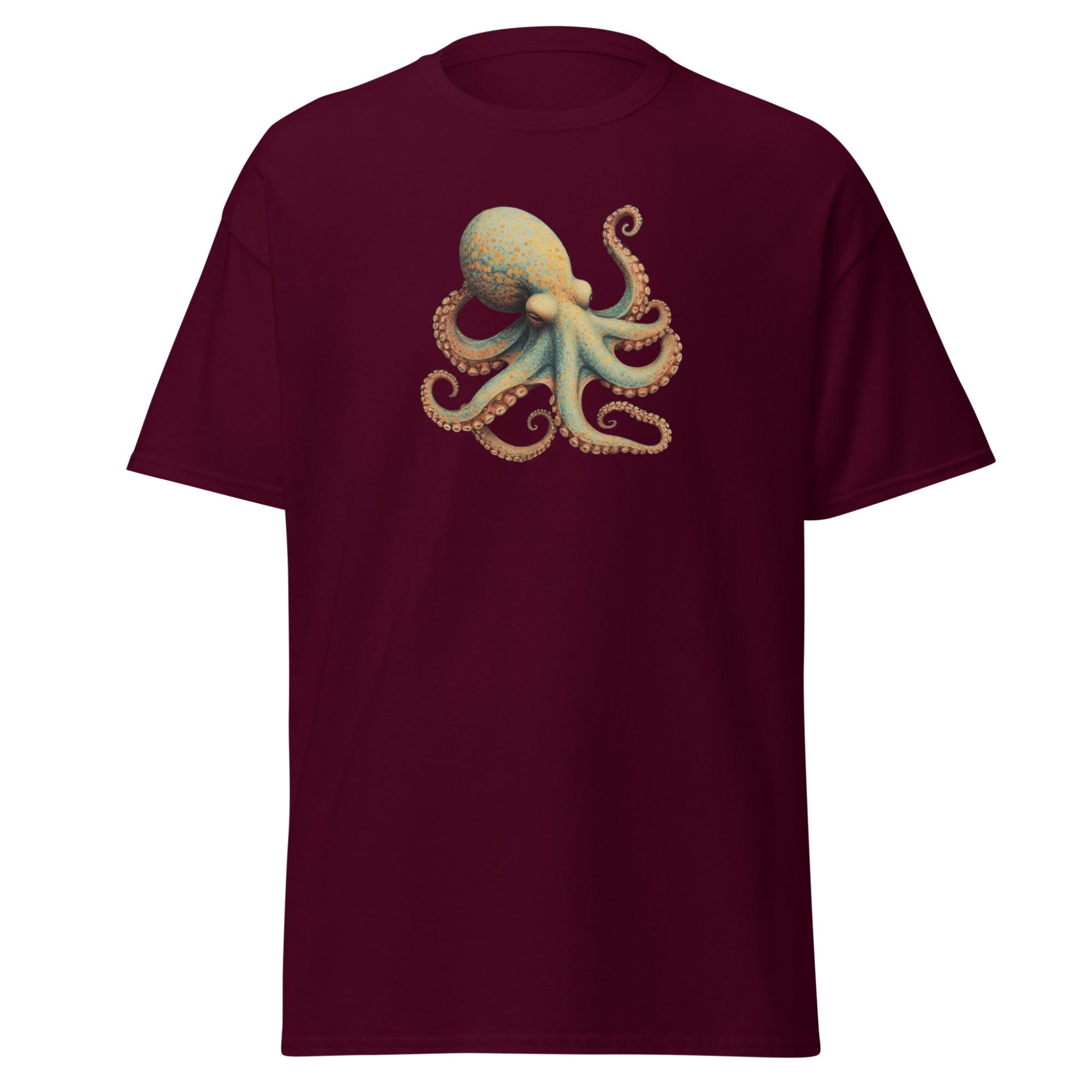 Maroon t-shirt with a colorful octopus design on a white background