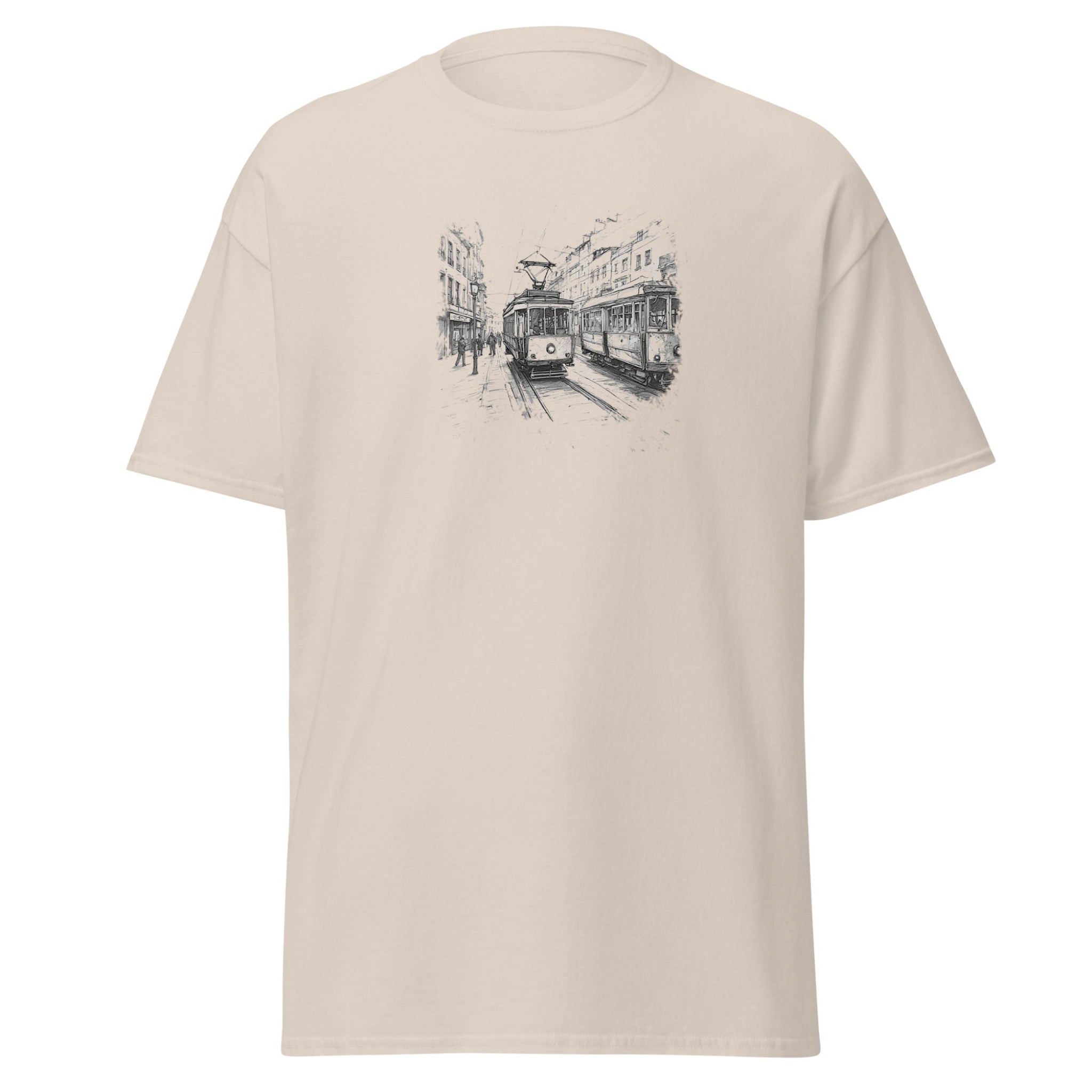 Beige t-shirt with a graphic of two trams on a white background