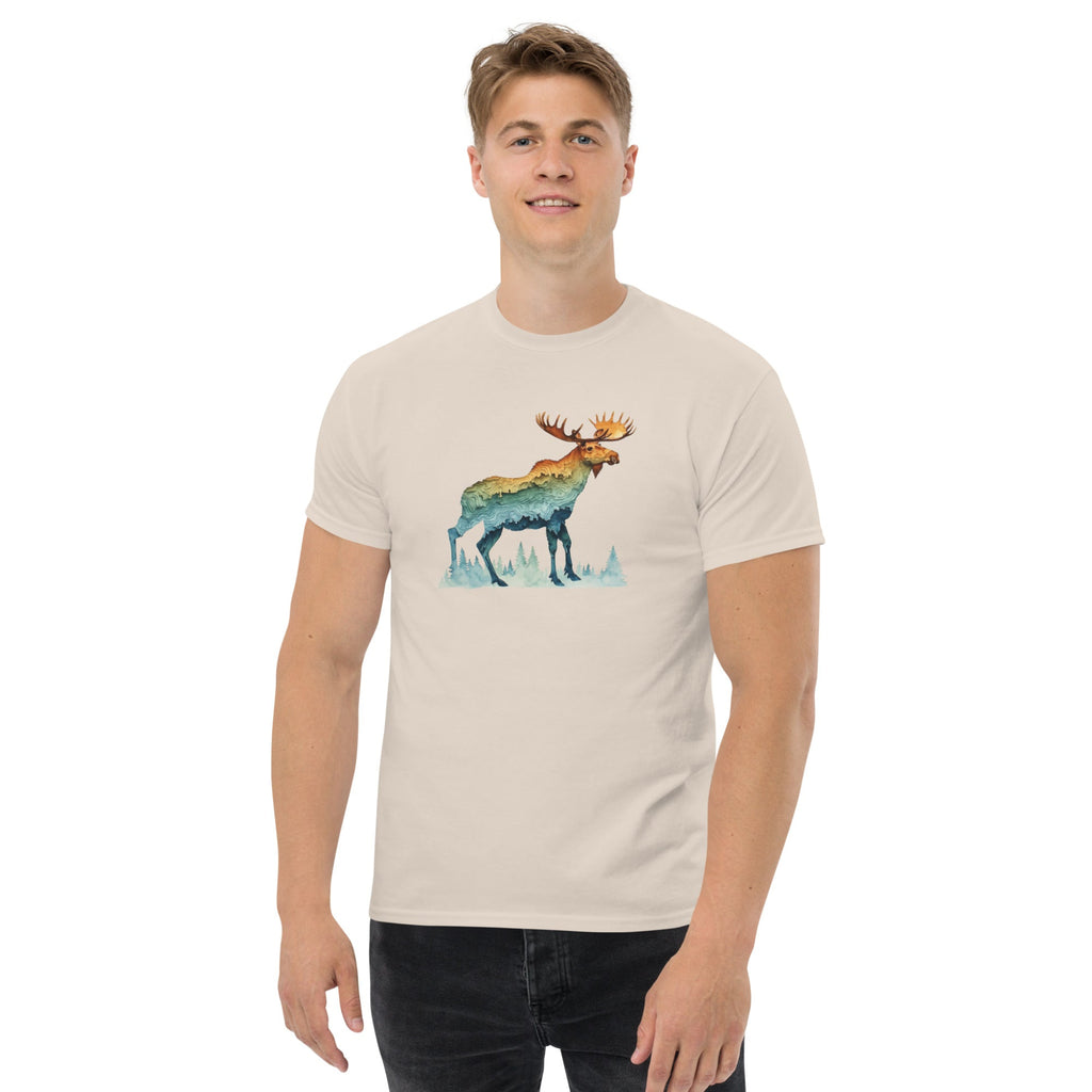 Person wearing a t-shirt with a colorful moose graphic on a white background.