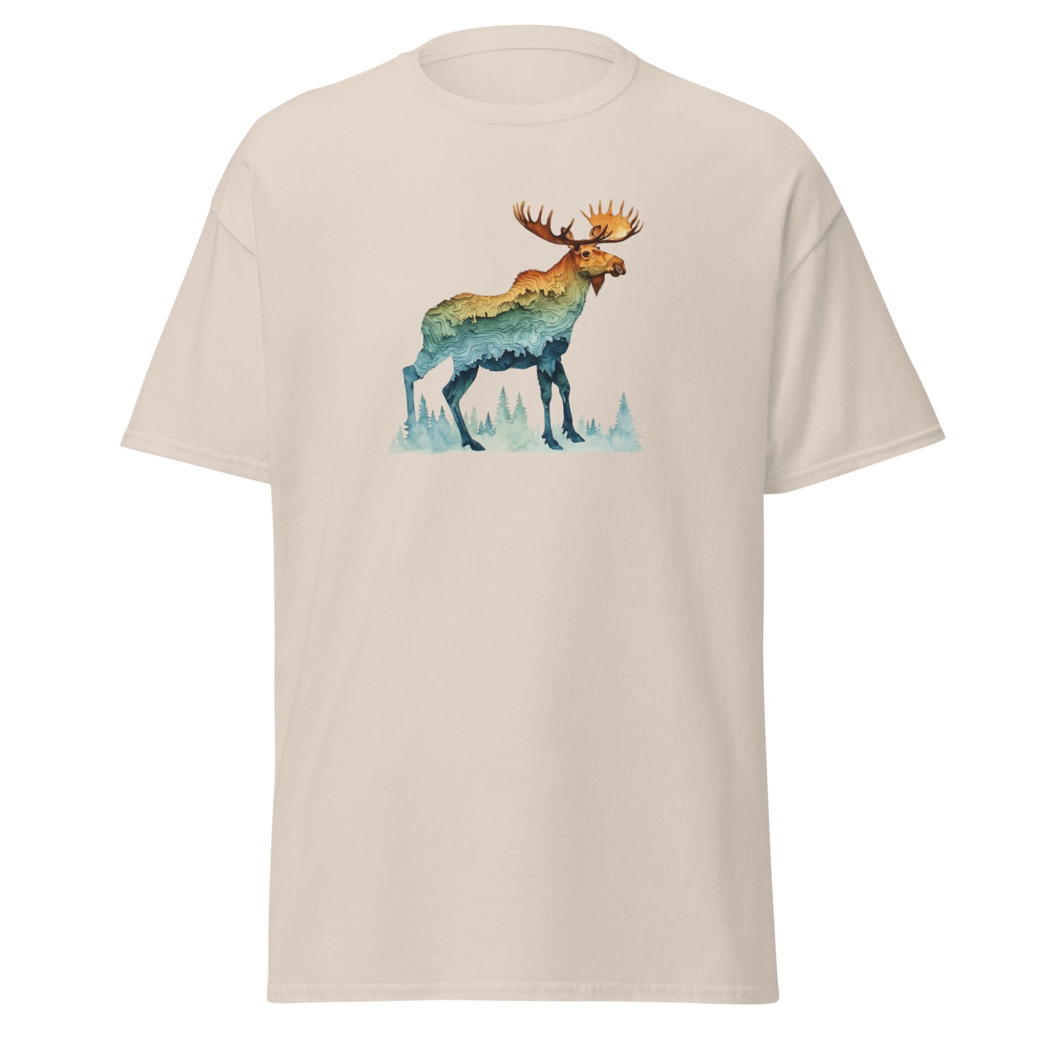 Beige t-shirt with a colorful moose graphic on a white background.