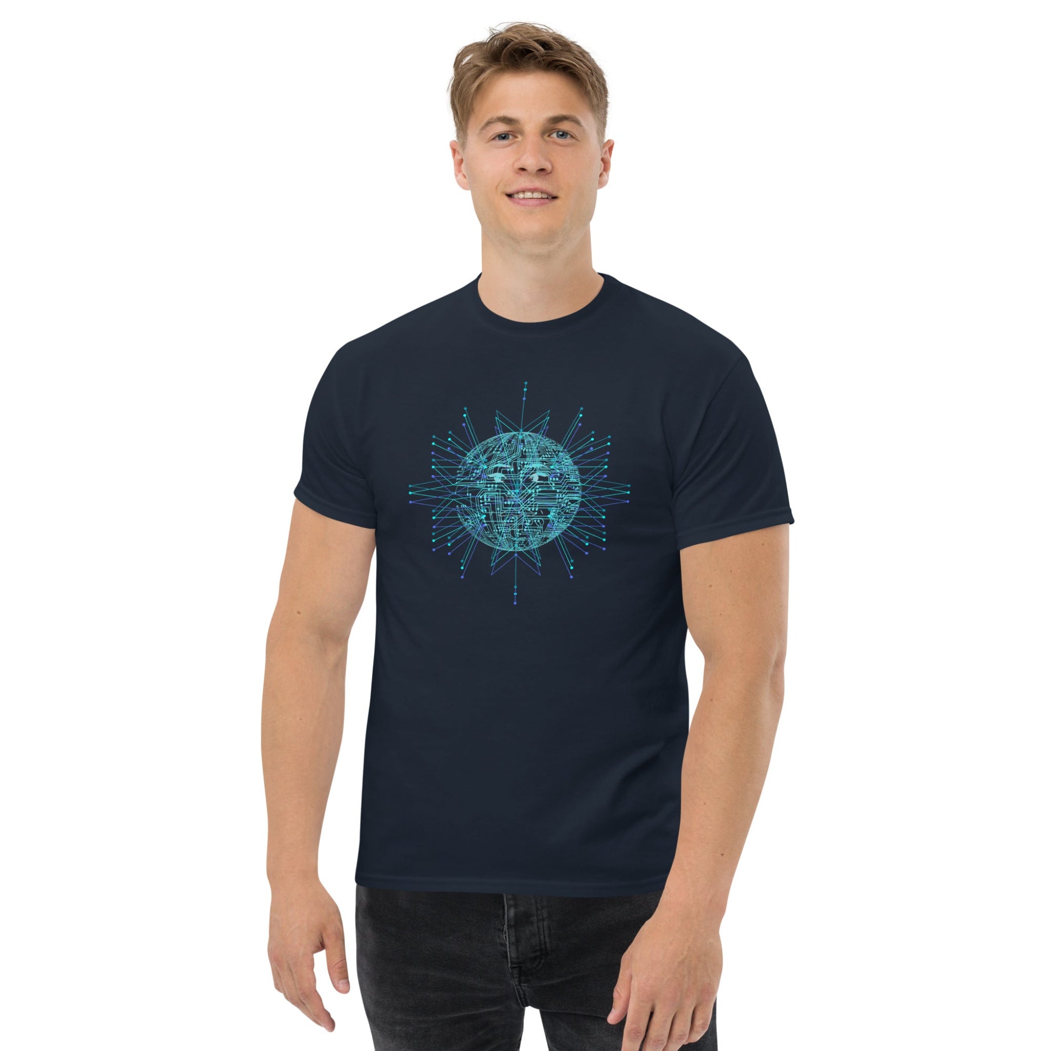 Man wearing a blue t-shirt with a  blue geometric sun design on a white background