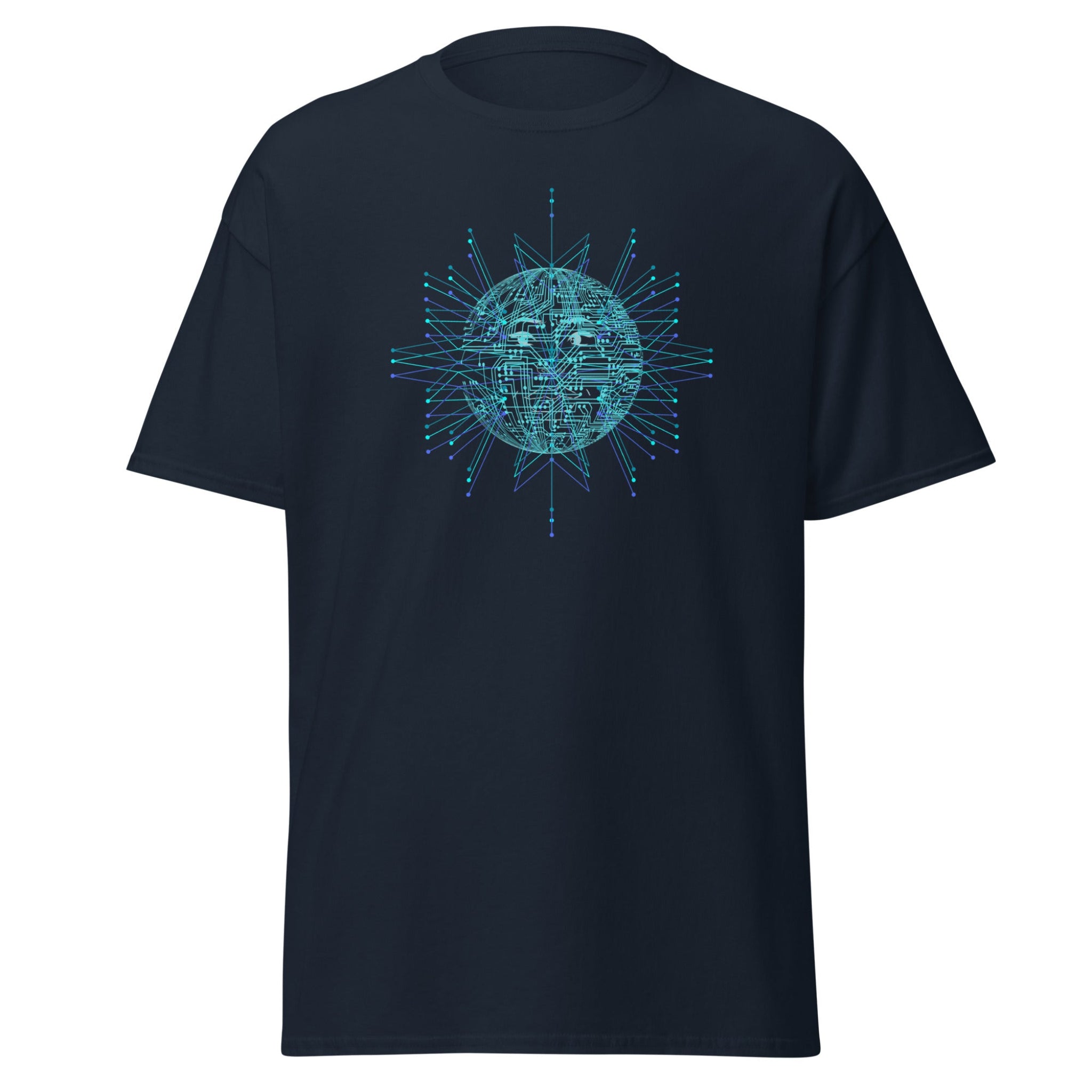 Black t-shirt with a blue geometric sun design on a white background