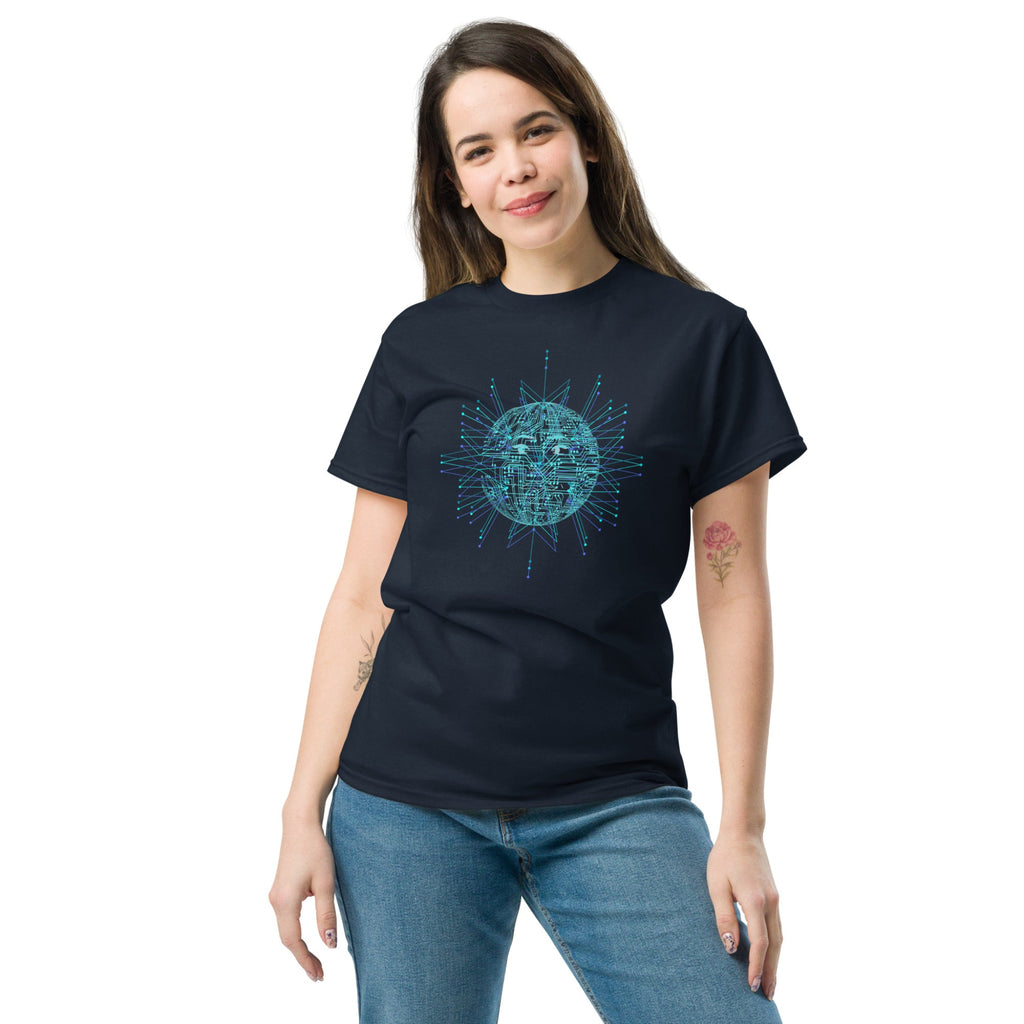 Woman wearing a blue t-shirt with a  blue geometric sun design on a white background
