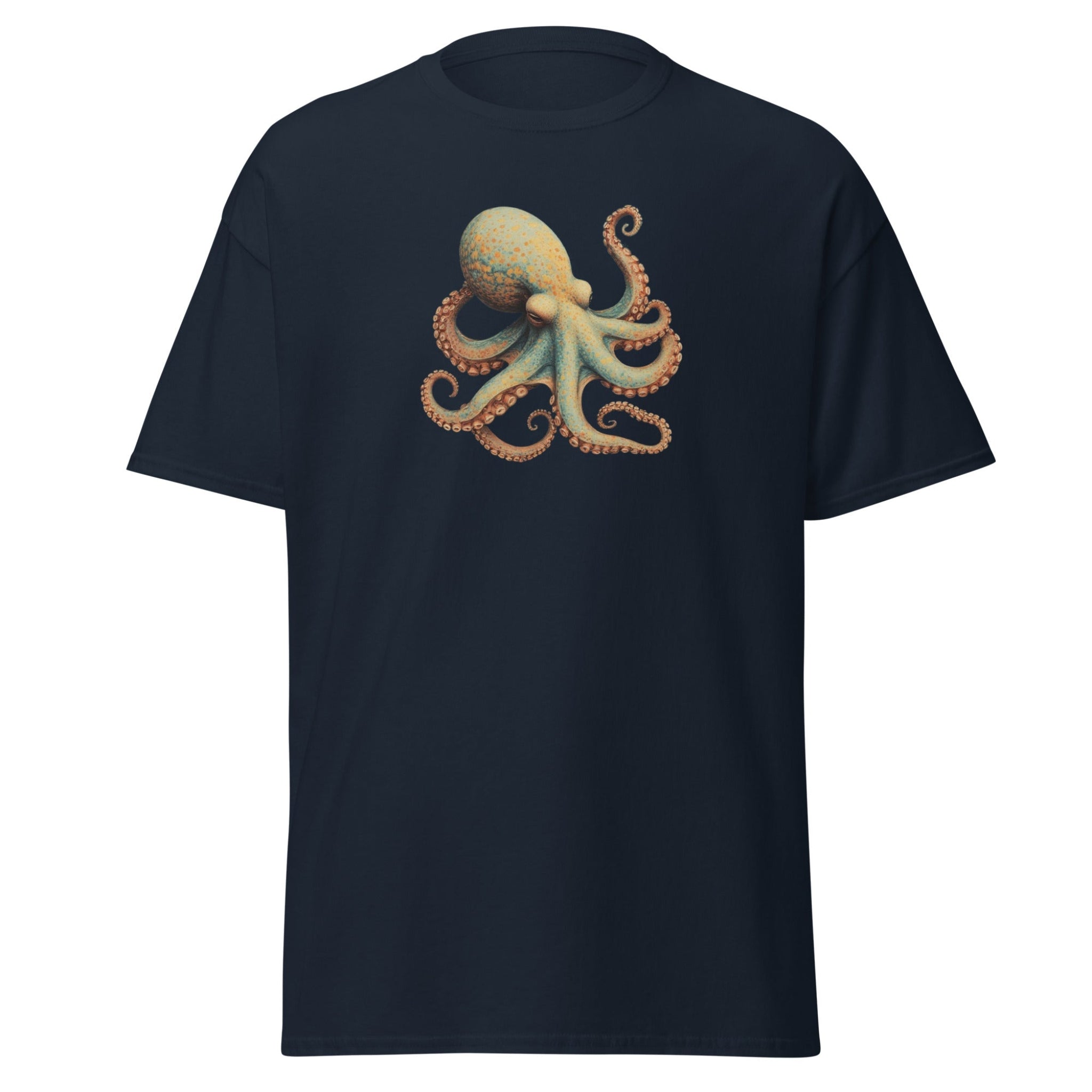 Navy Colored t-shirt with an octopus design on a white background