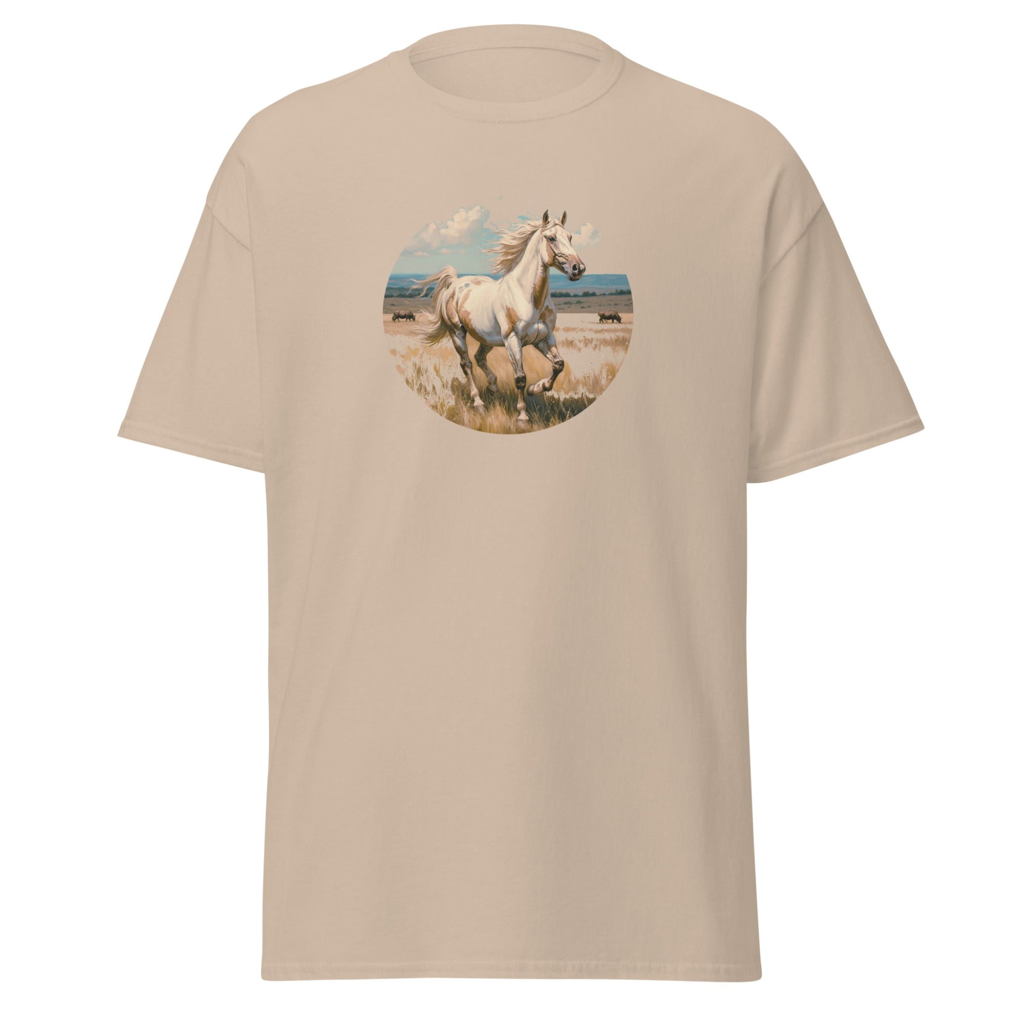 Beige t-shirt with a graphic of a horse on a white background
