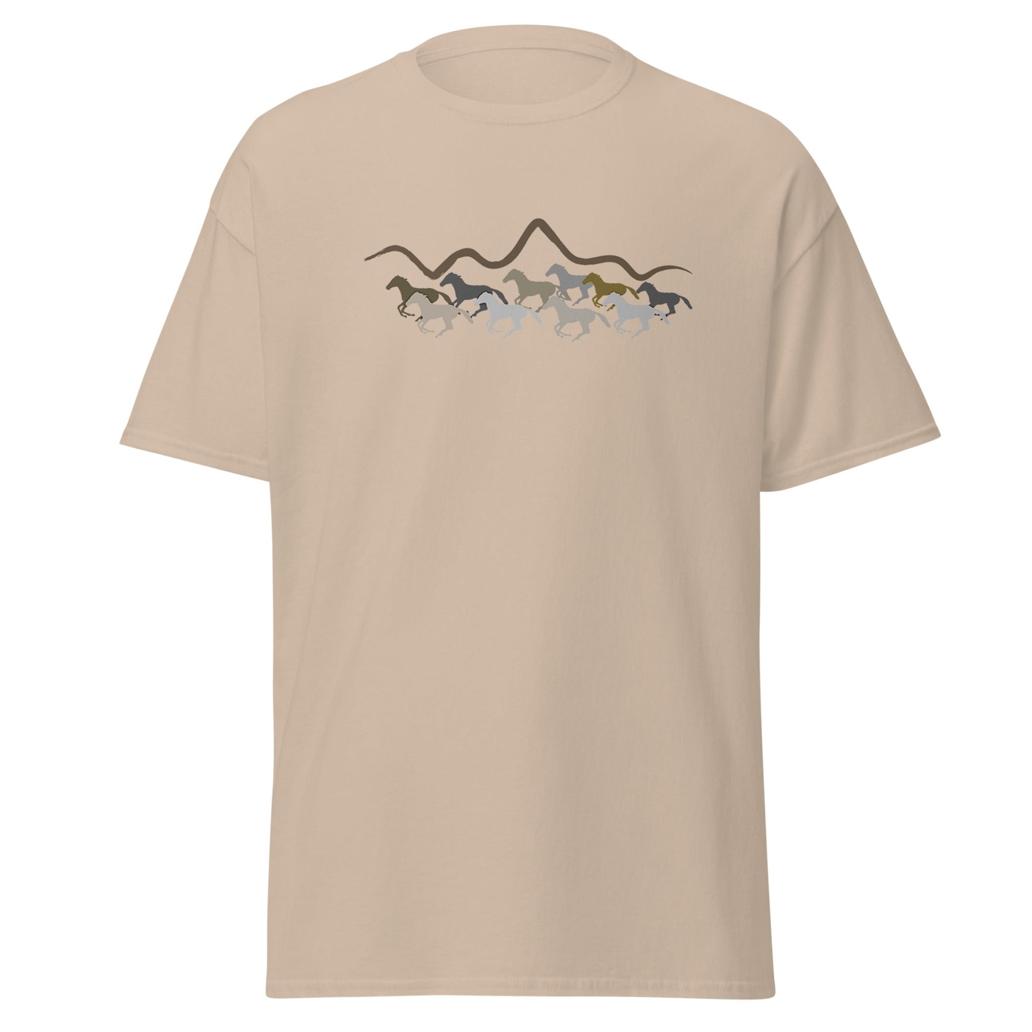 Beige t-shirt with a graphic of horses on a white background