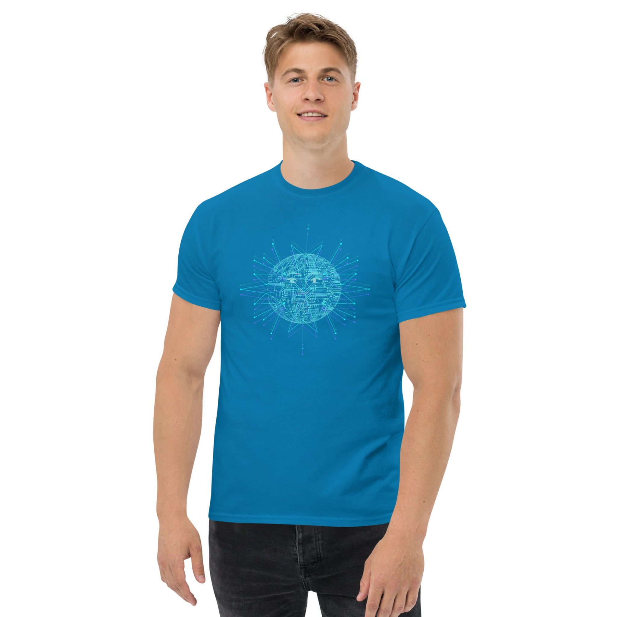 Man wearing a blue t-shirt with a graphic design on a white background