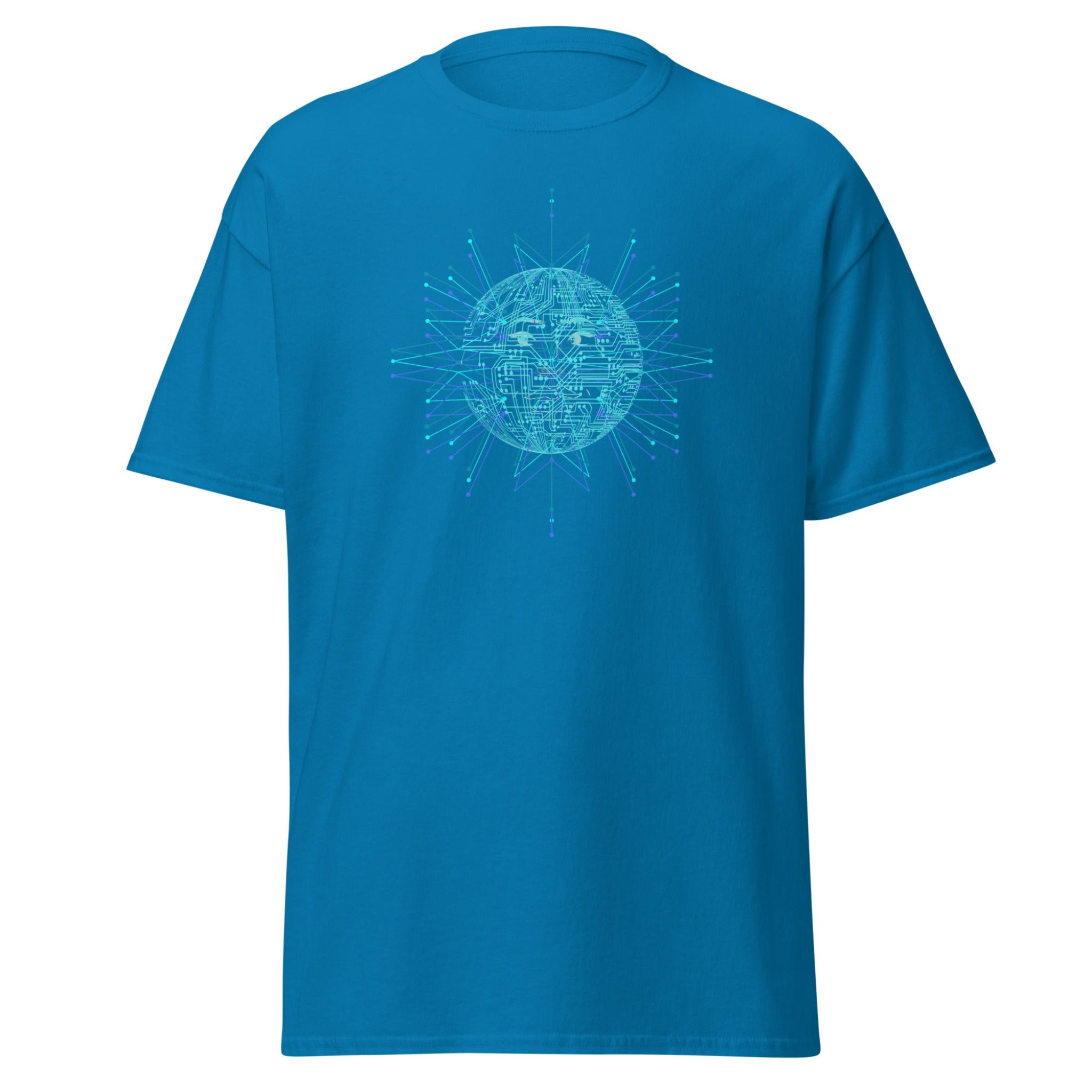 Blue t-shirt with a blue geometric sun design on a white background