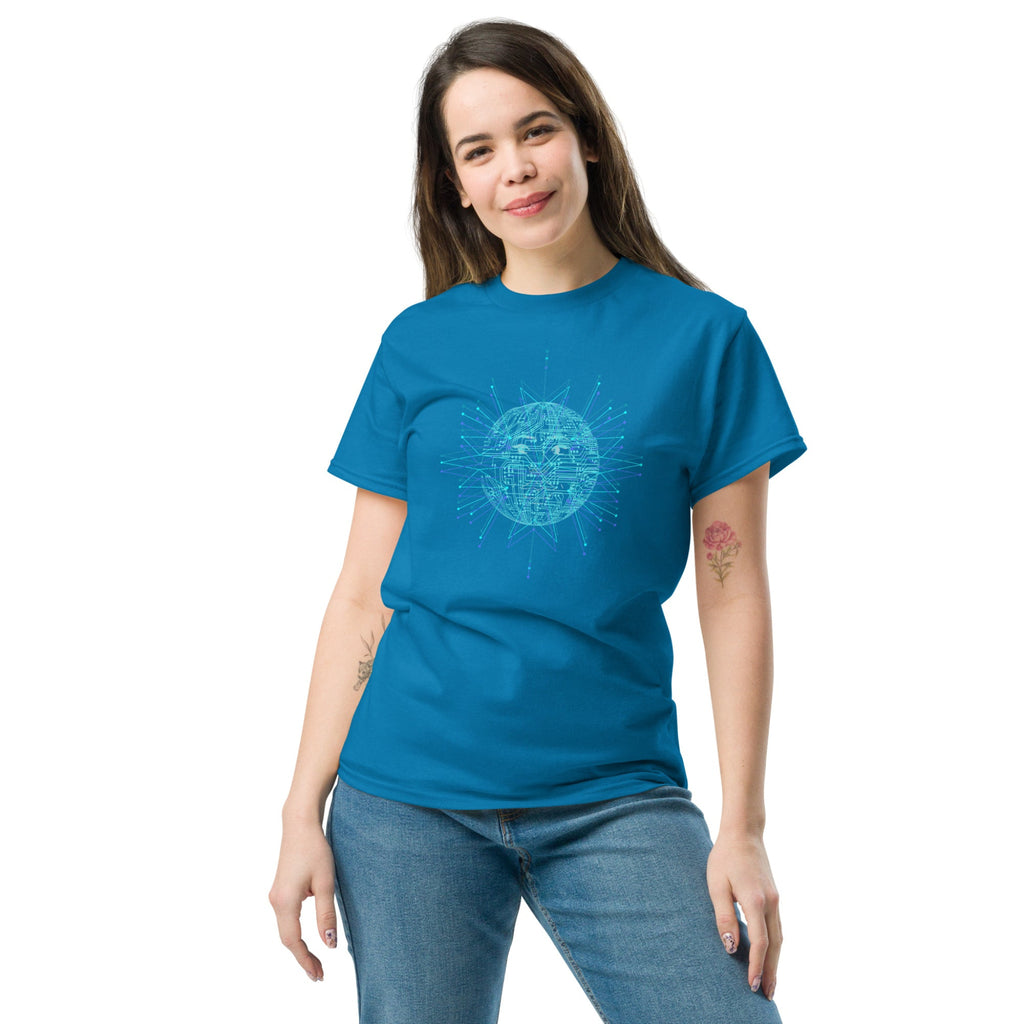 Woman wearing a blue t-shirt with a  blue geometric sun design on a white background