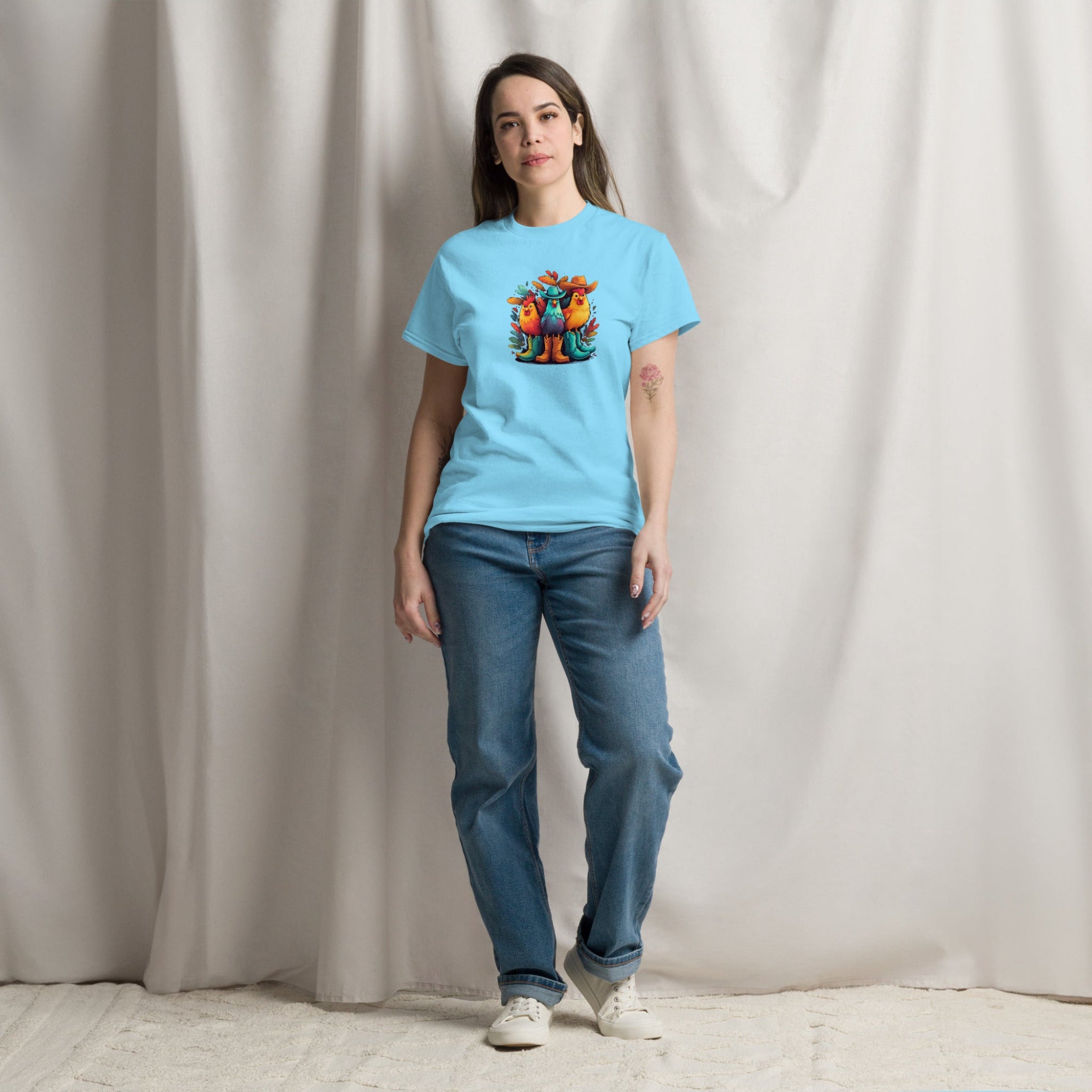 Colorful Cowboy Chickens Graphic T-Shirt