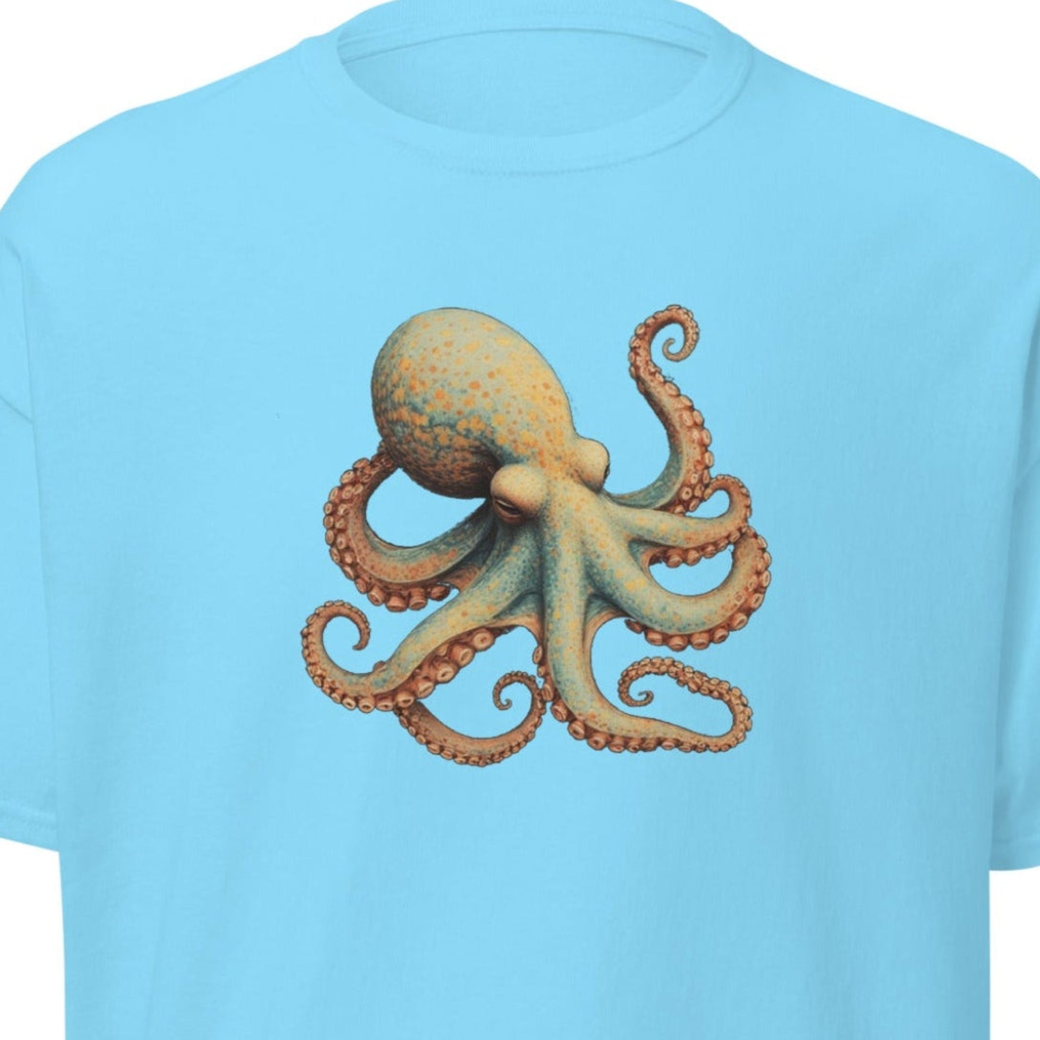 Light blue t-shirt with an octopus design on a white background