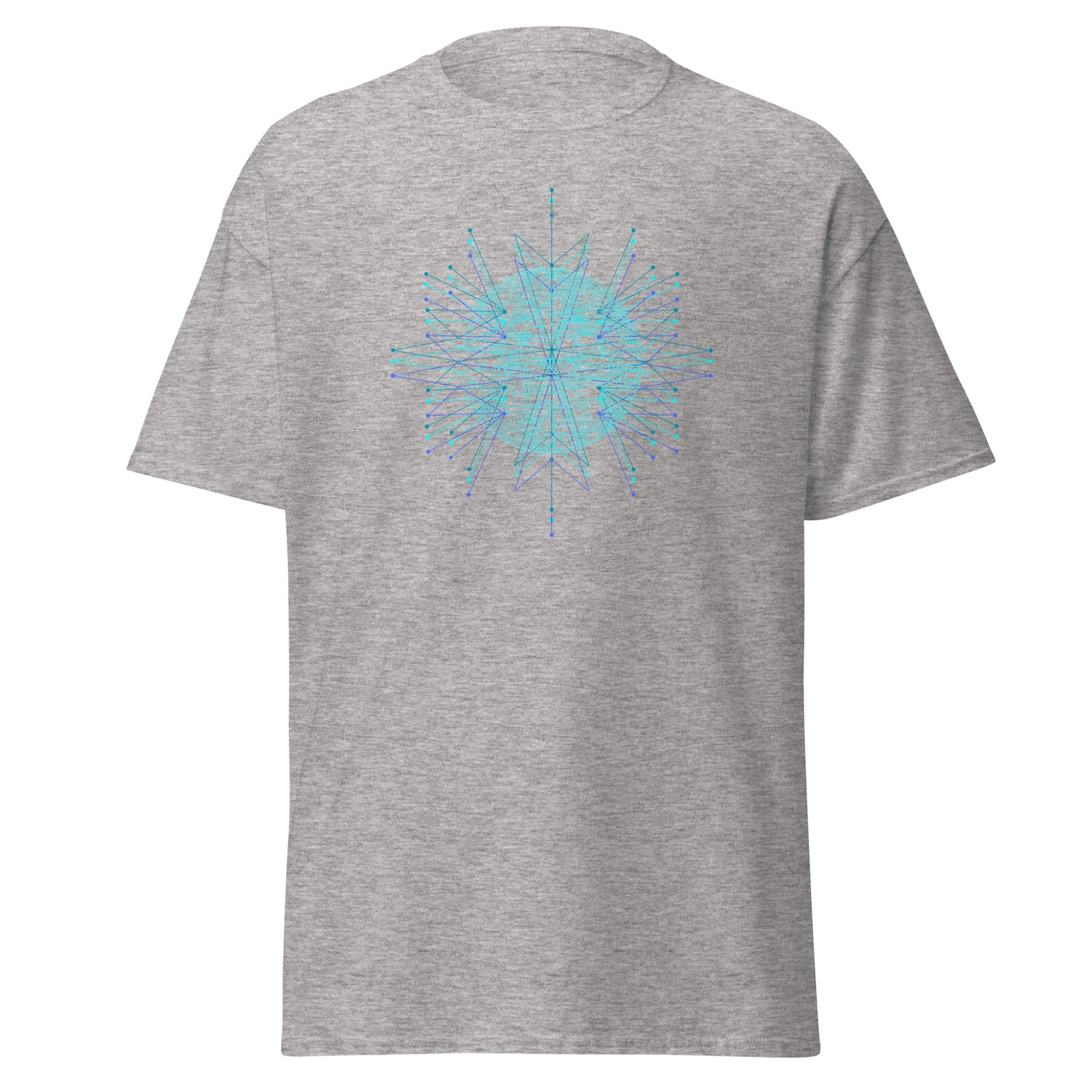 Gray t-shirt with a blue geometric design on a white background