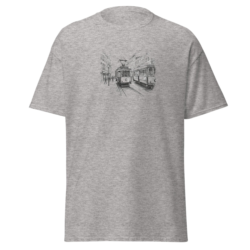 Gray t-shirt with a black and white graphic of two trams on a white background