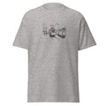 Gray t-shirt with a black and white graphic of two trams on a white background