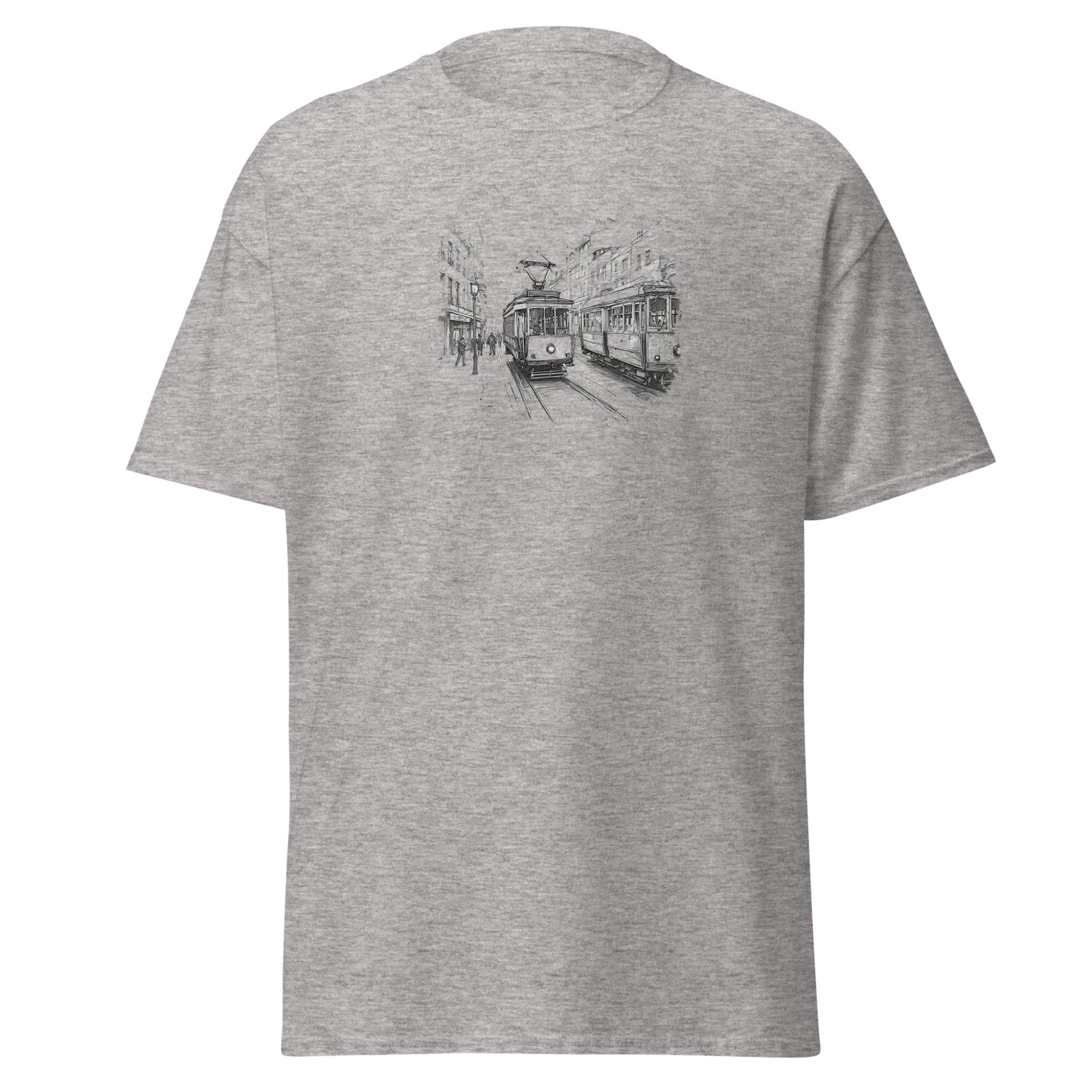 Gray t-shirt with a black and white graphic of two trams on a white background