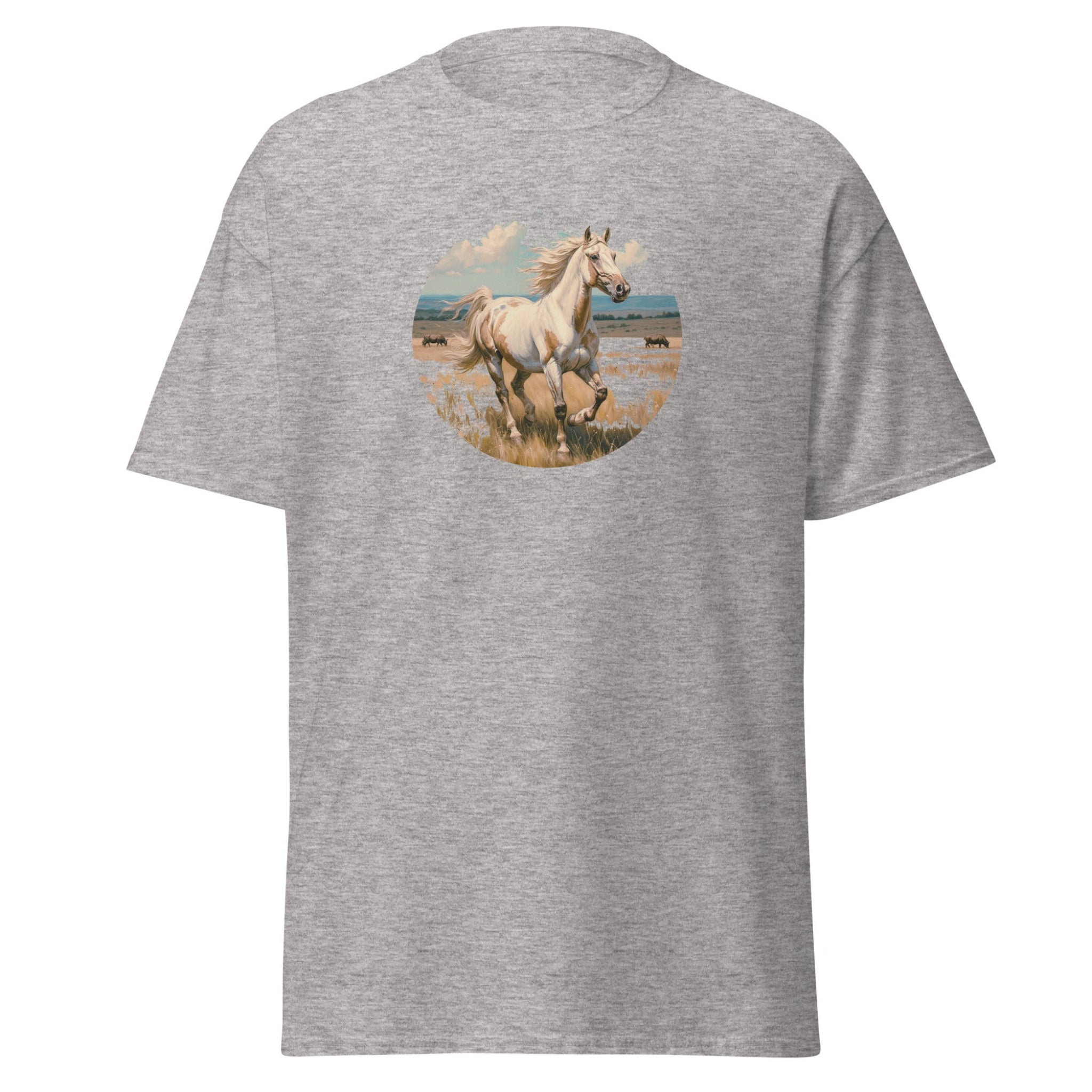 Gray t-shirt with a graphic of a horse on a white background