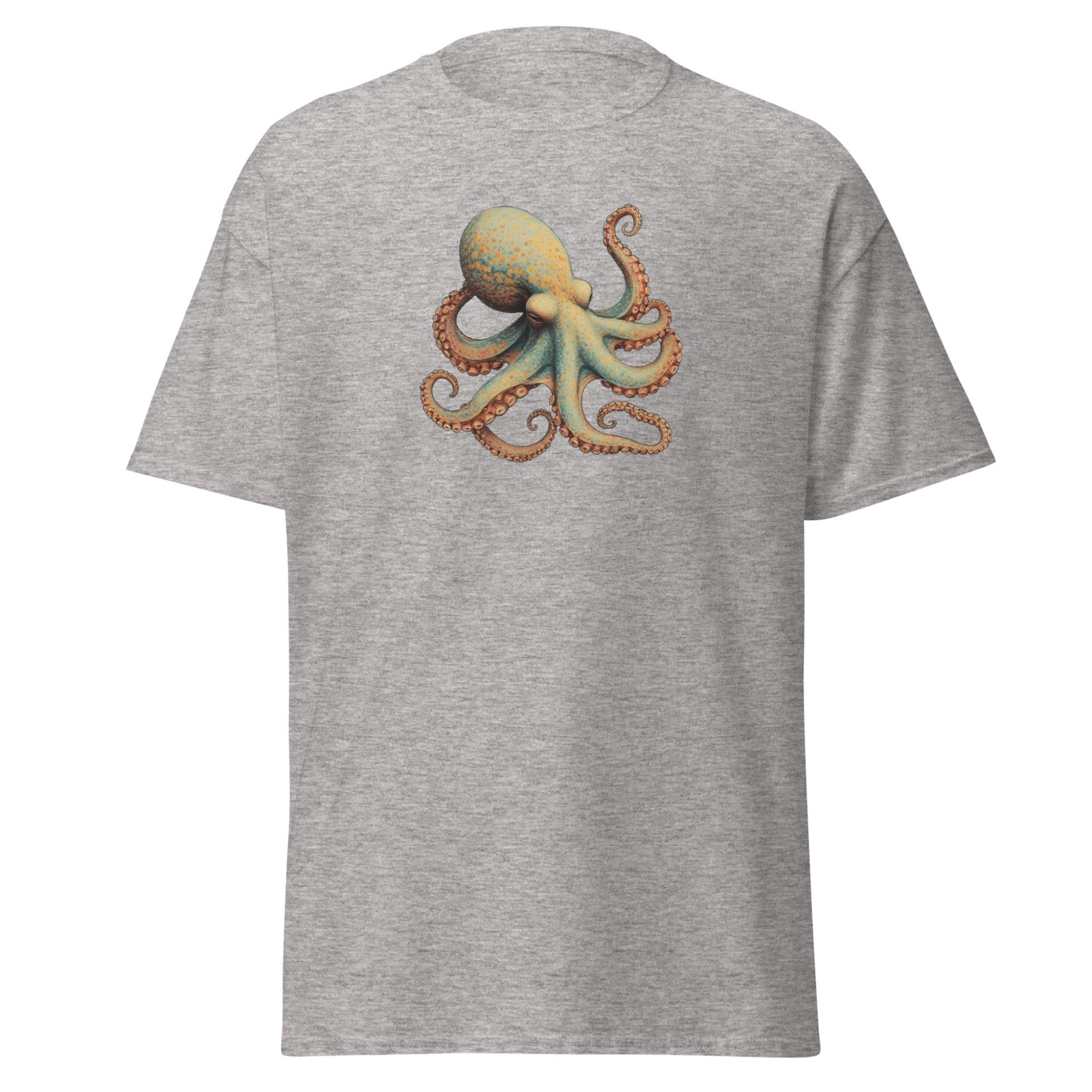 Gray t-shirt with an octopus design on a white background