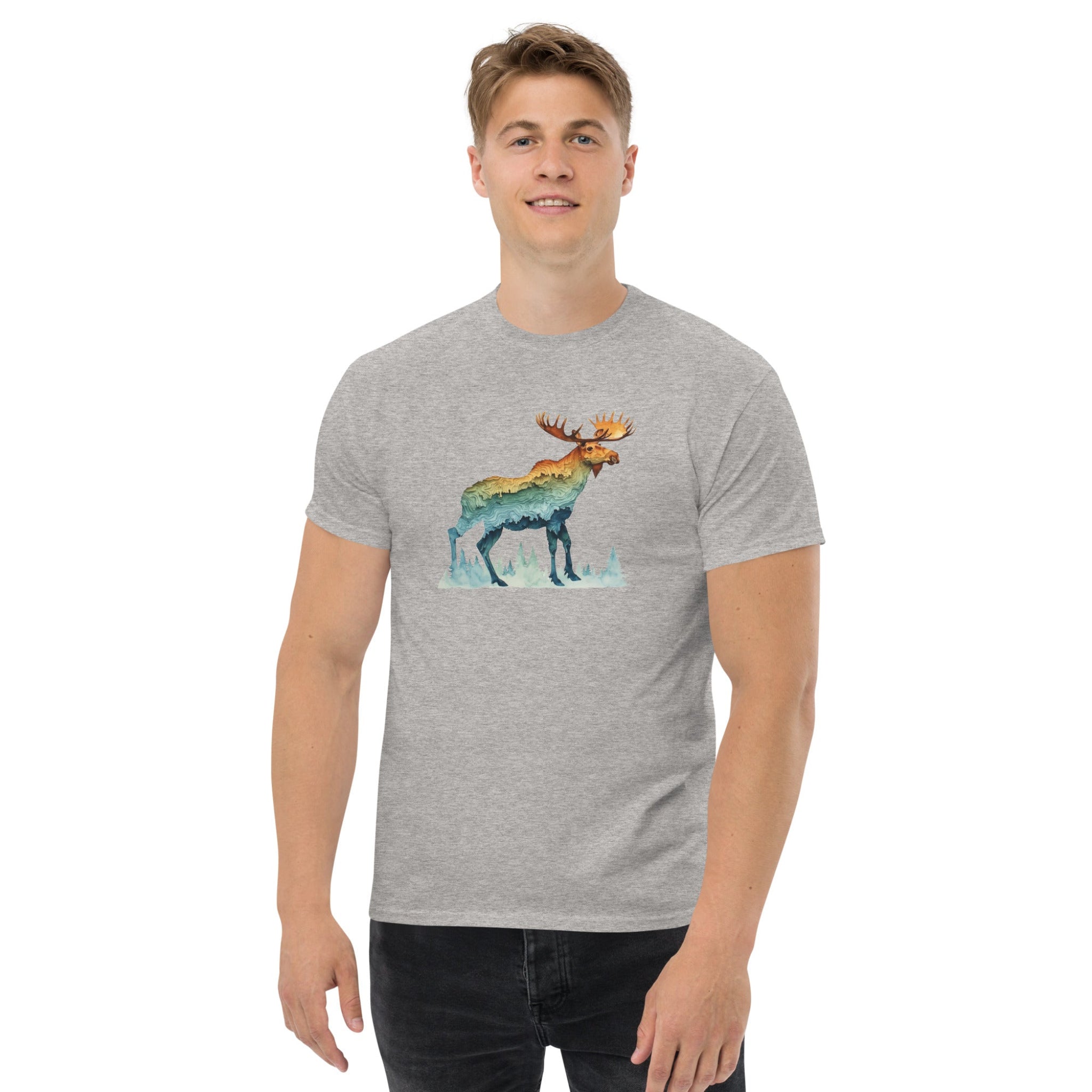Person wearing a gray t-shirt with a colorful moose graphic on a white background.