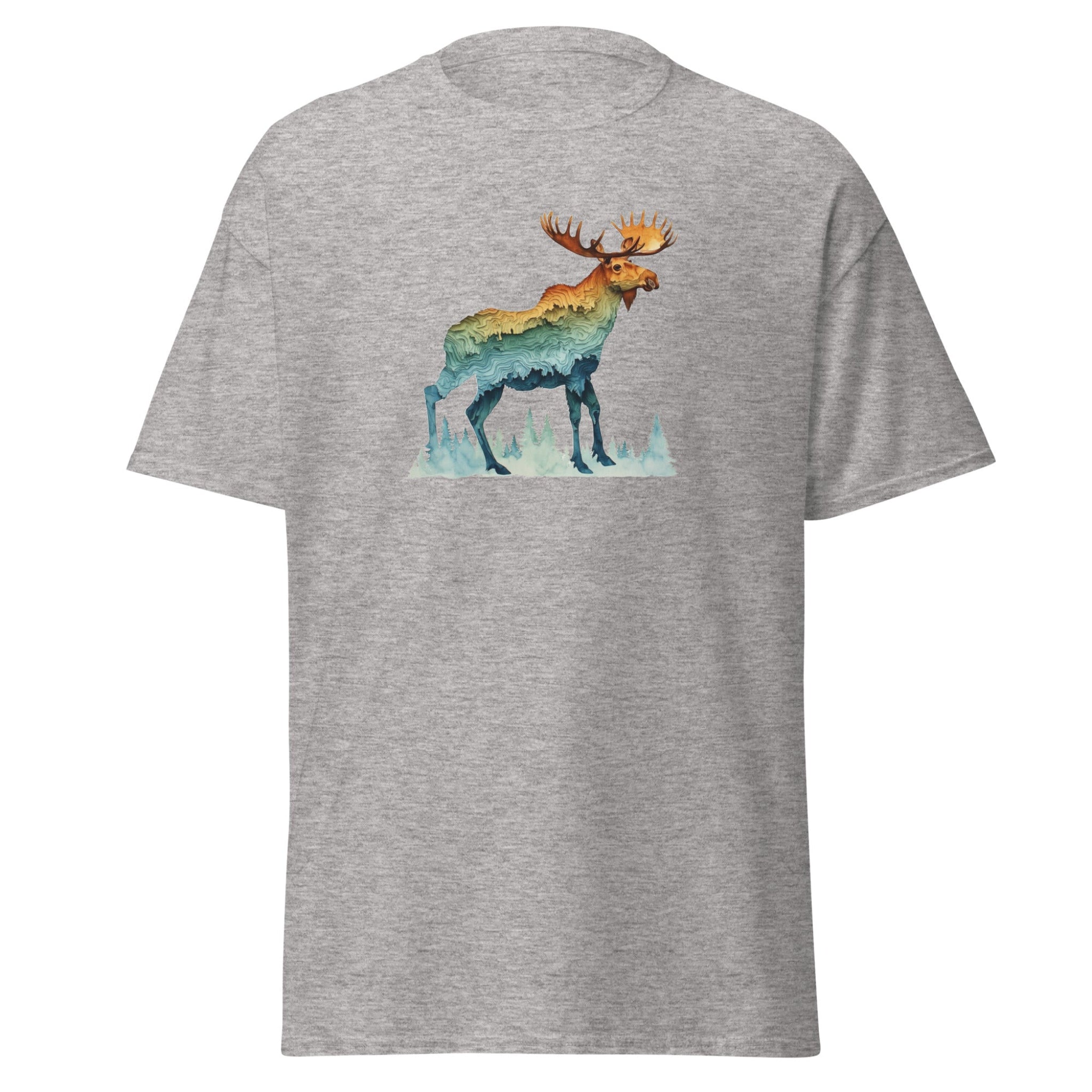 Gray t-shirt with a colorful moose graphic on a white background.