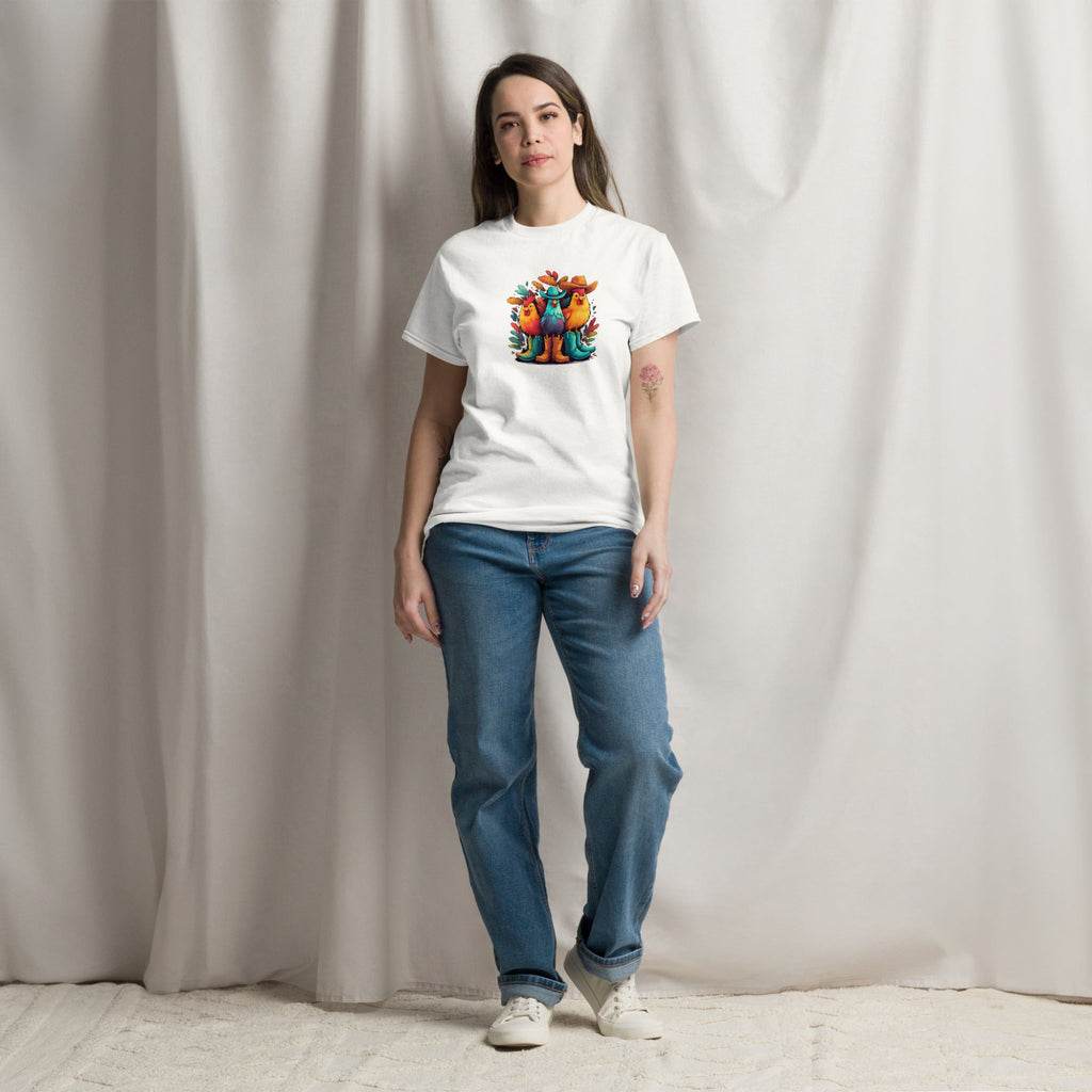 Colorful Cowboy Chickens Graphic T-Shirt