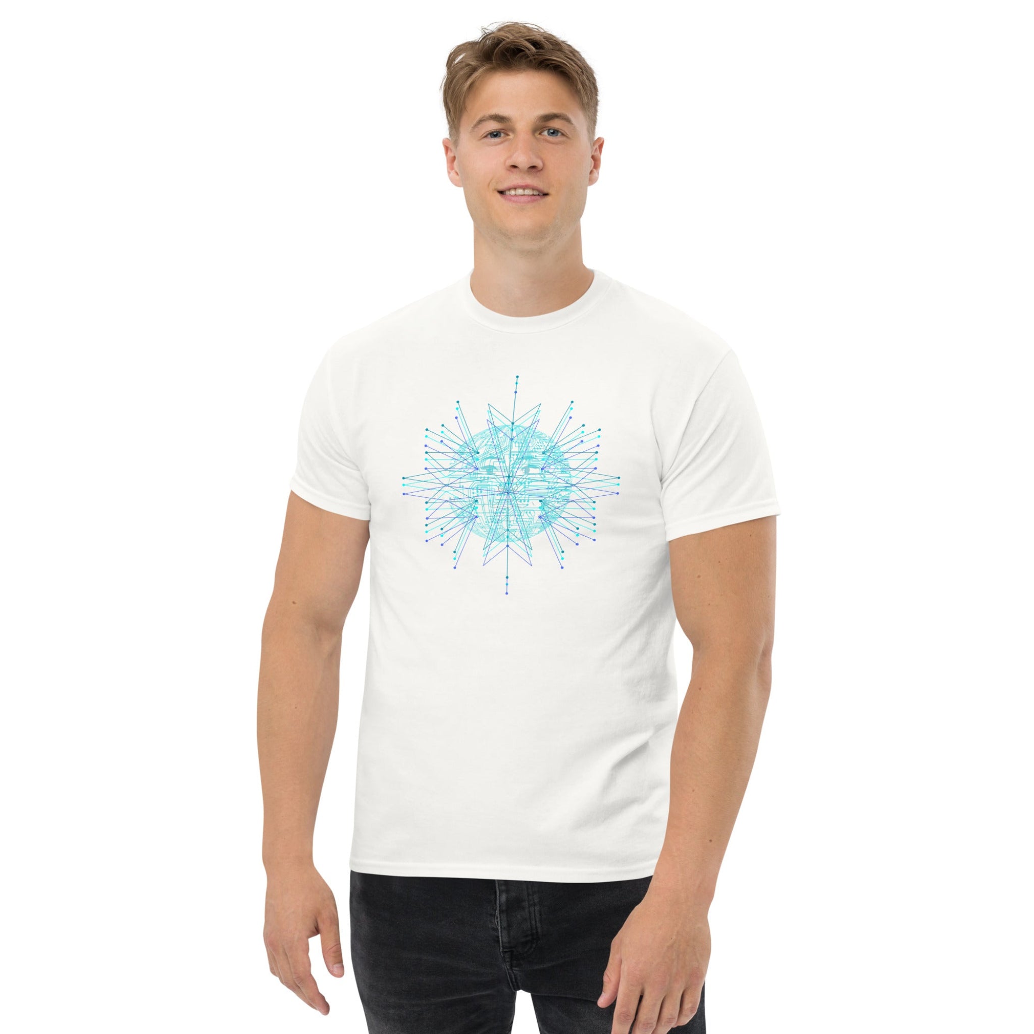 Man wearing a white t-shirt with tech design on a white background