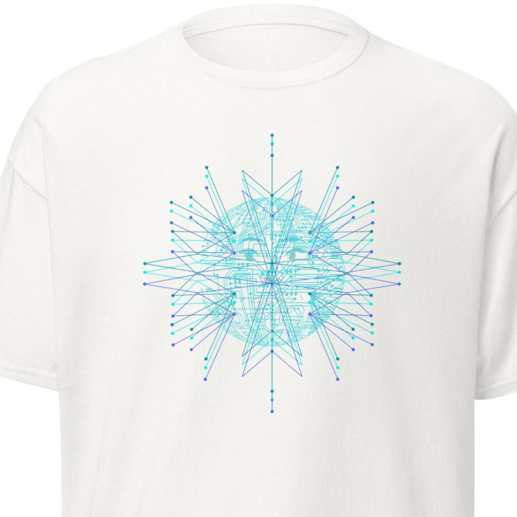 White t-shirt with a blue geometric design on a white background