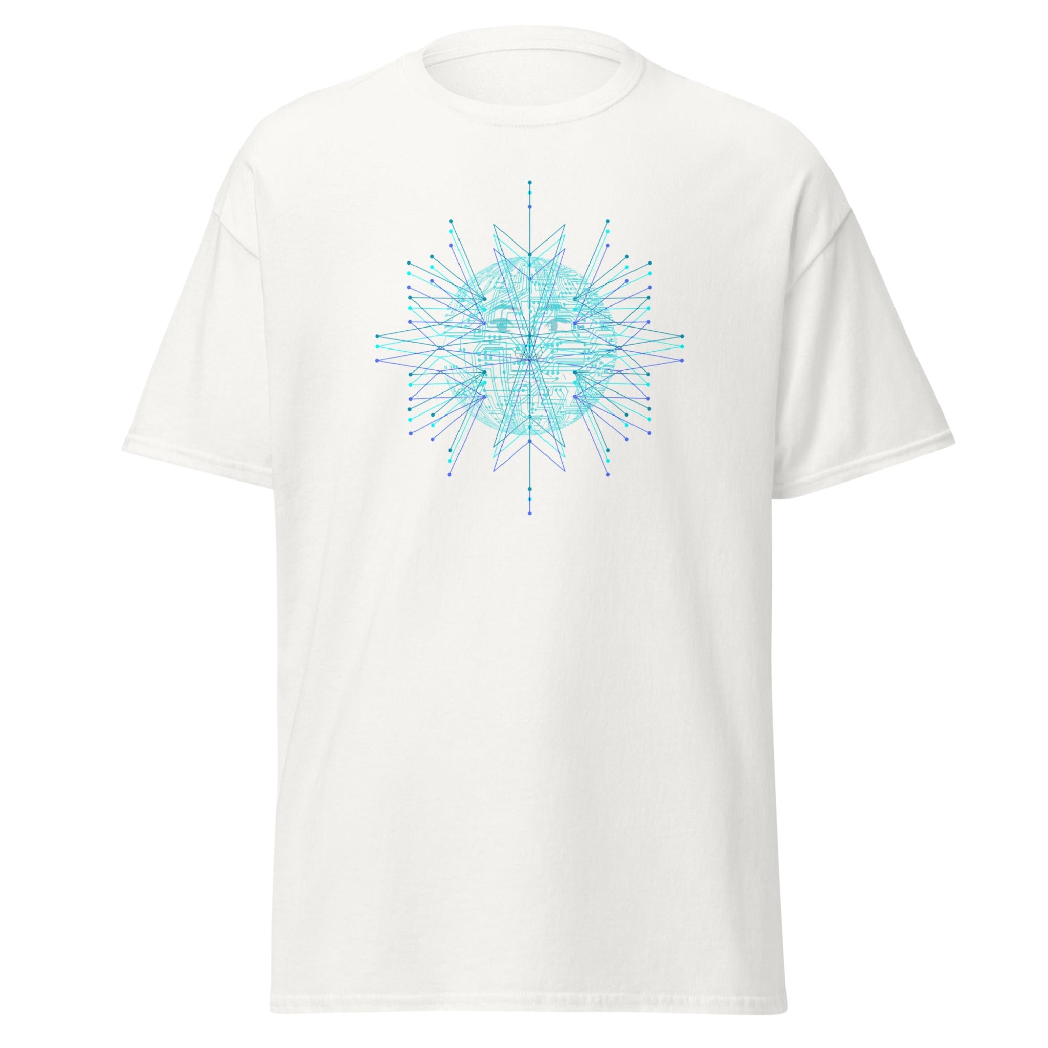 White t-shirt with a blue geometric design on a white background