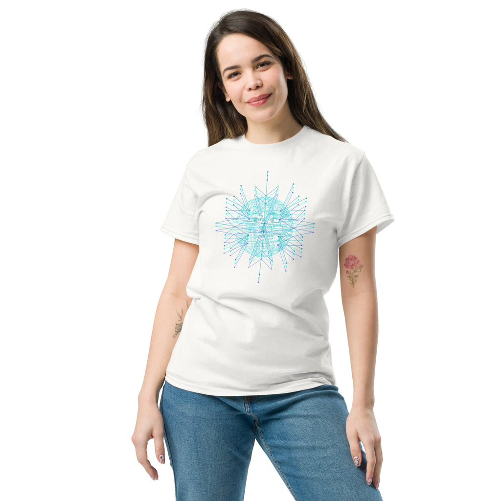 Woman wearing a white t-shirt with a  blue geometric sun design on a white background