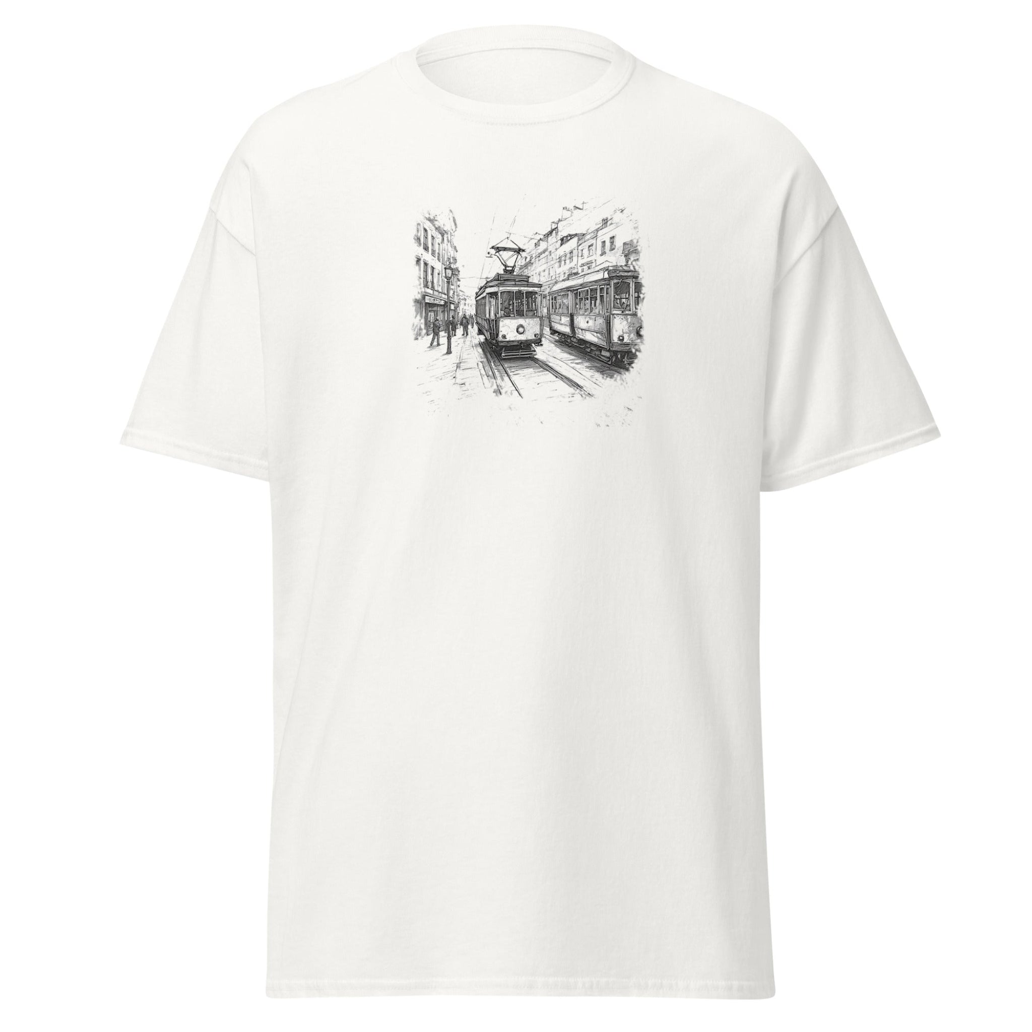 White t-shirt with black tram graphic on a white background