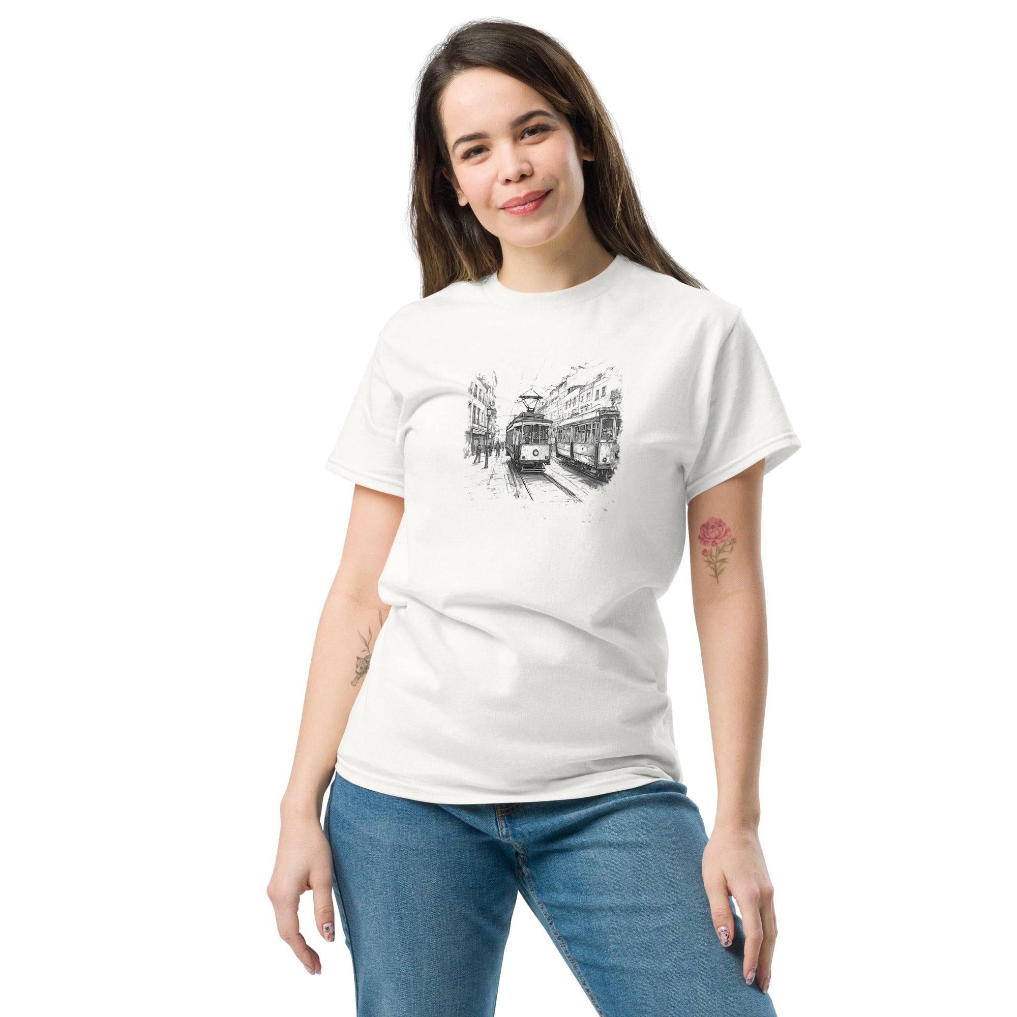 Woman wearing a white t-shirt with a tram sketch design on a white background