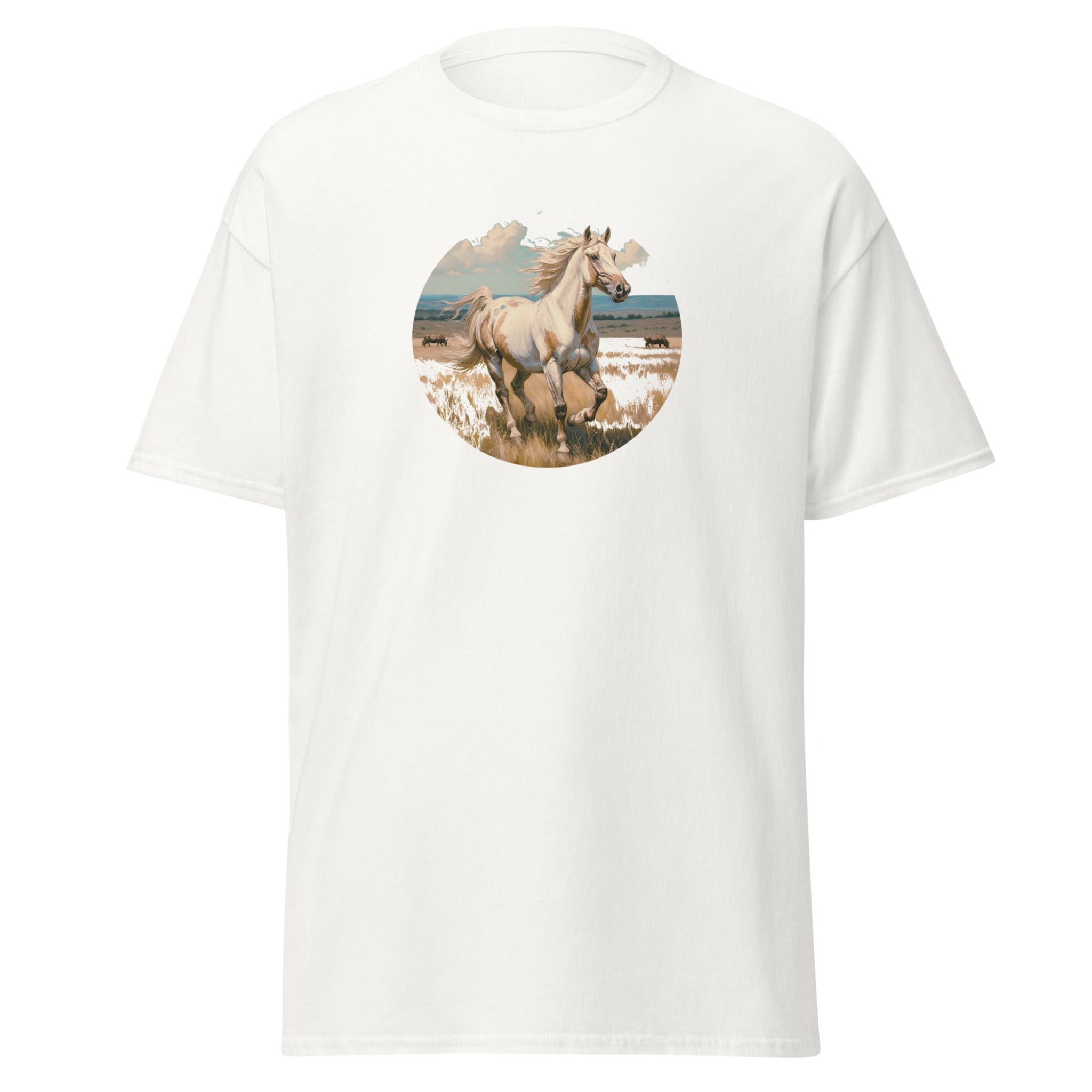 Close-up of a graphic t-shirt featuring a majestic American Paint Horse galloping across a sun-drenched open prairie in a circular nature landscape design.