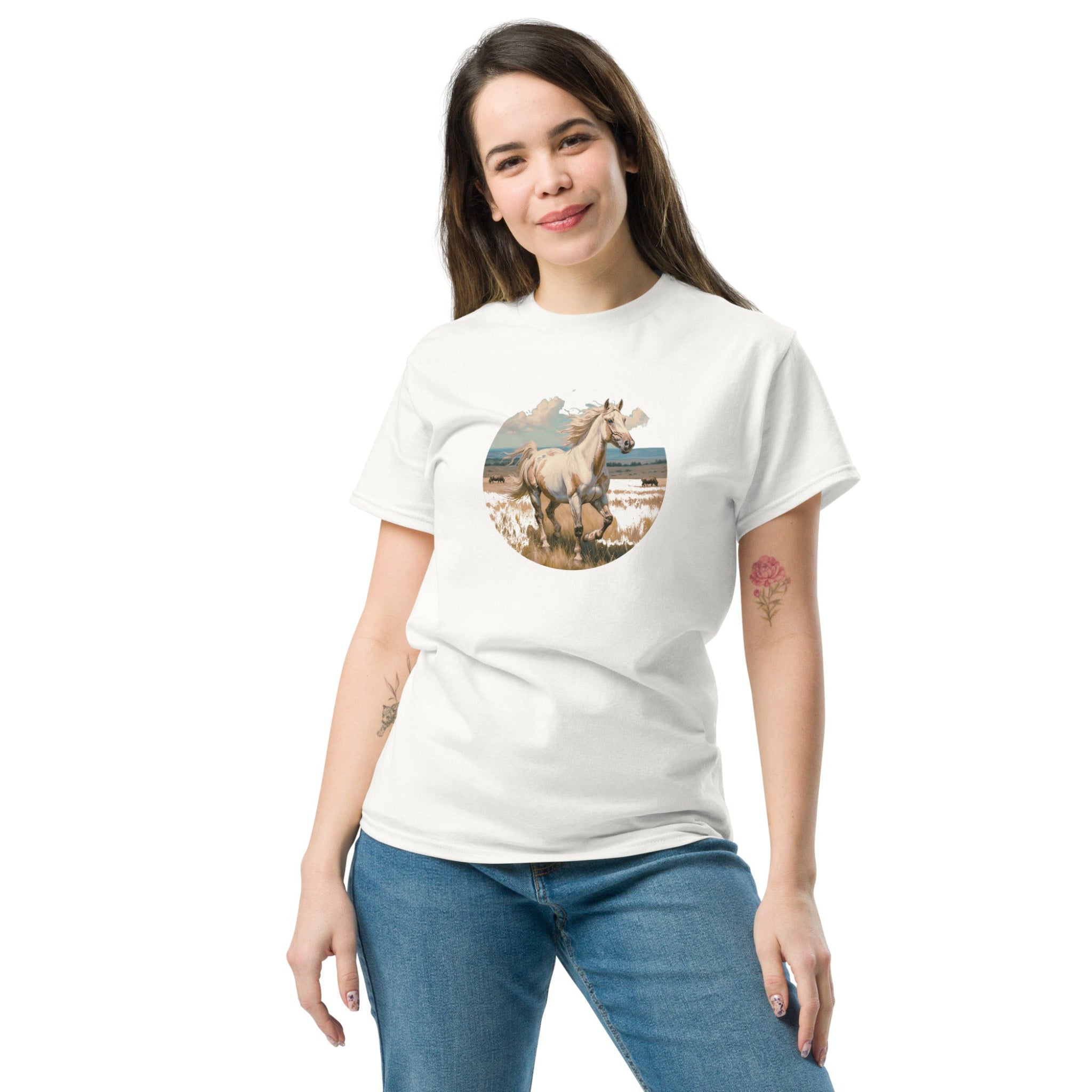 A person wearing a white t-shirt with a vintage-style illustration of an American Paint Horse running free, perfect for Western and equestrian fashion.