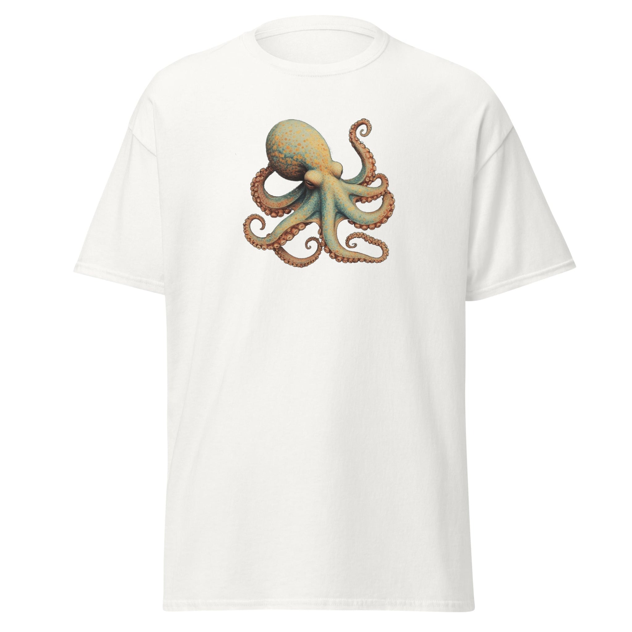 White t-shirt with a colorful octopus design on a white background