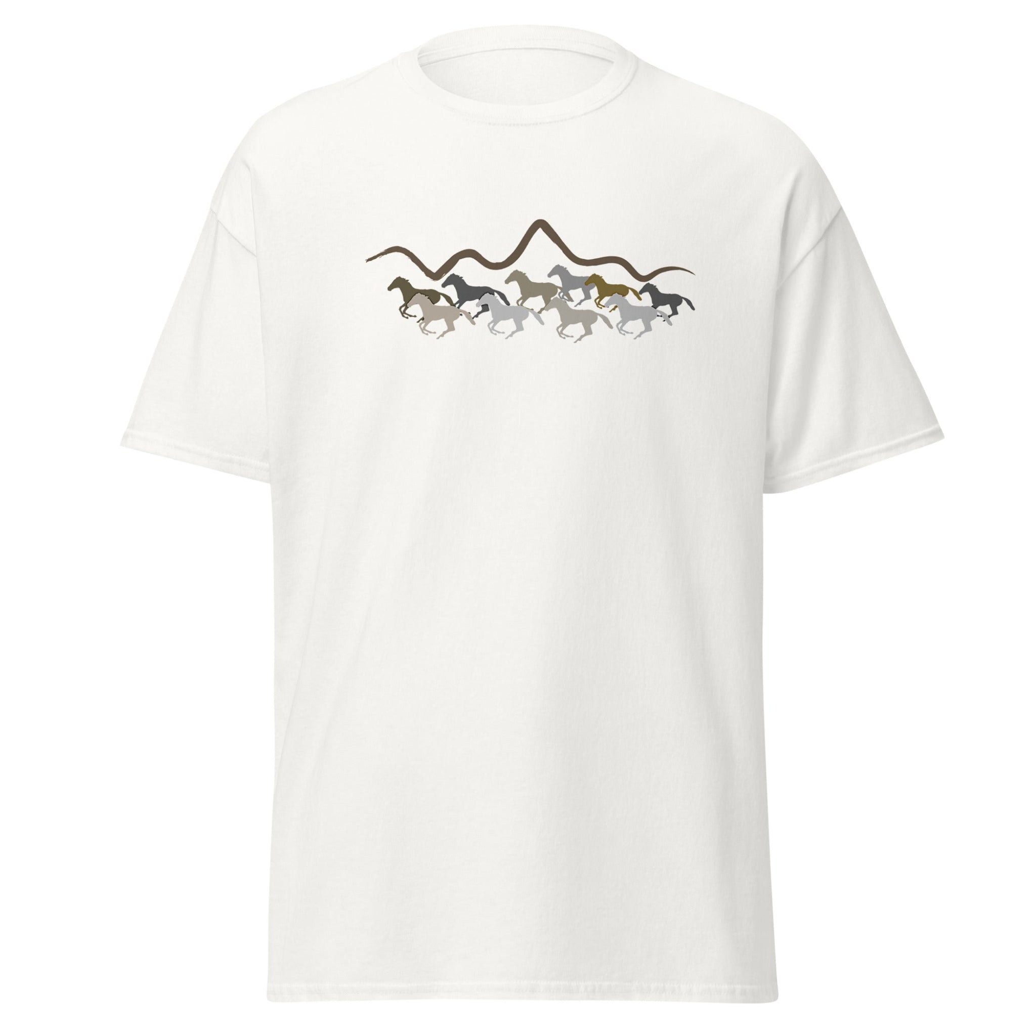 White t-shirt with a graphic of horses running on a white background