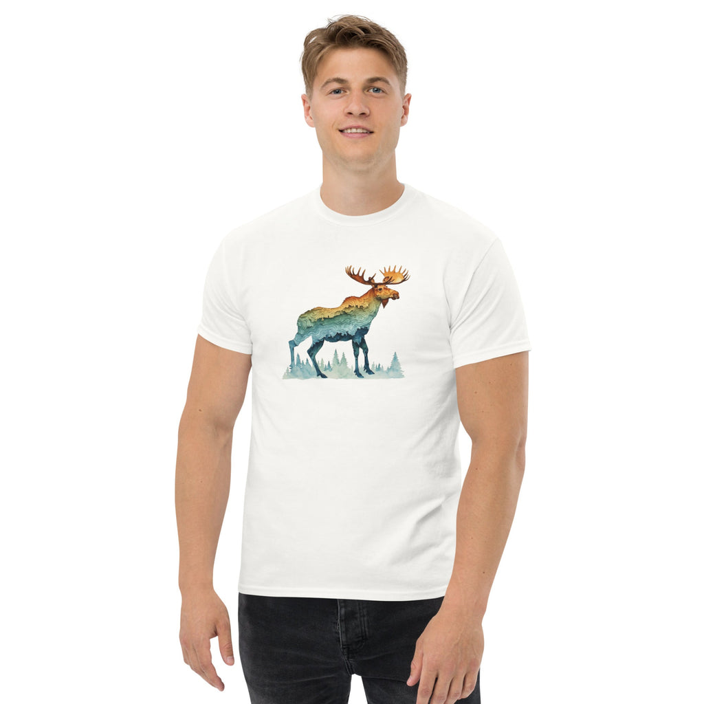 Person wearing a white t-shirt with a colorful moose graphic on a white background.