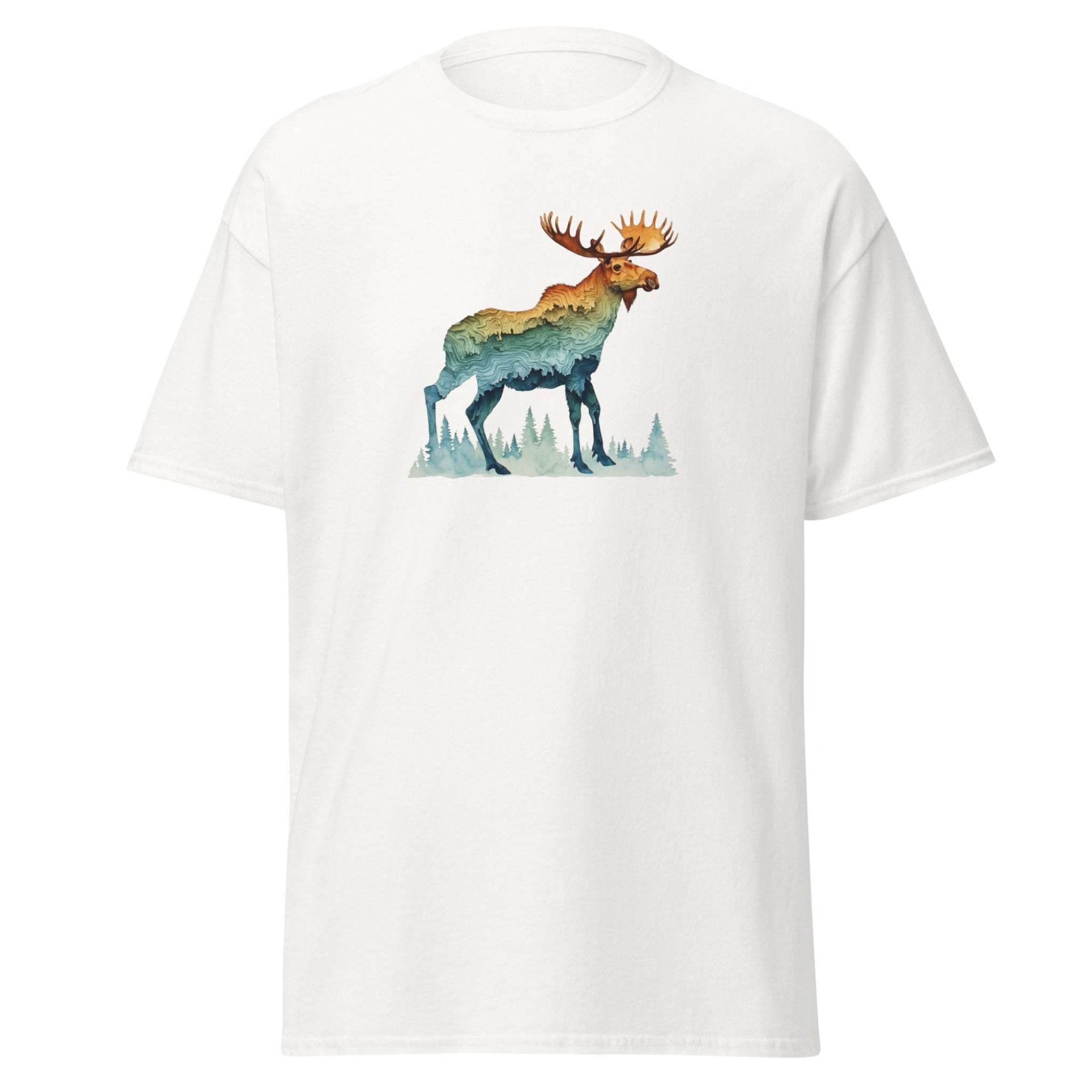 White t-shirt with a colorful moose graphic on a white background.