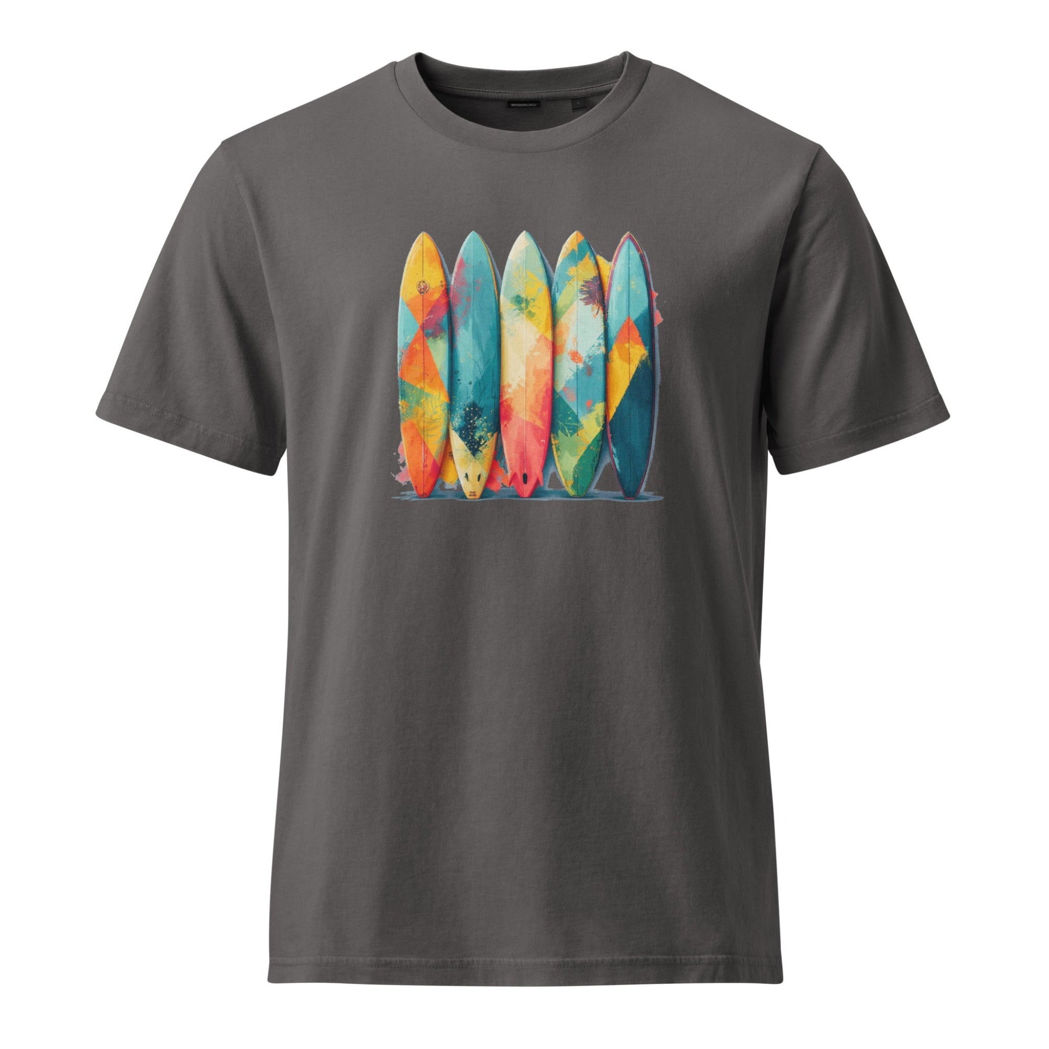 Gray t-shirt with colorful surfboard design on a white background.