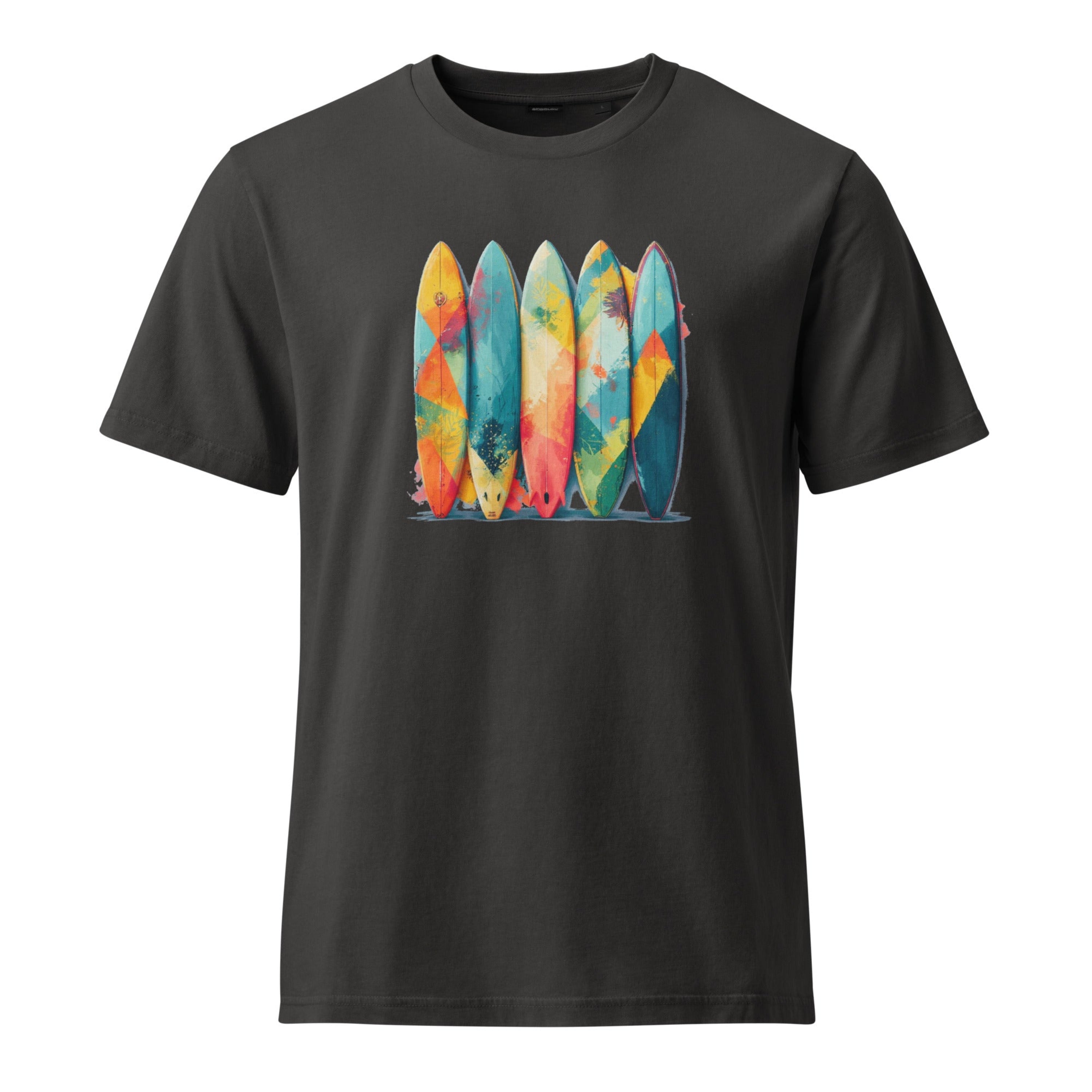 Black t-shirt with colorful surfboard design on a white background.